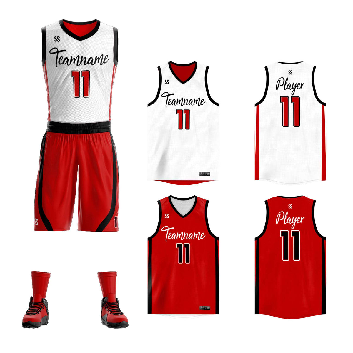 Custom White Red Double Side Kits Design Sportswear Basketball Jersey