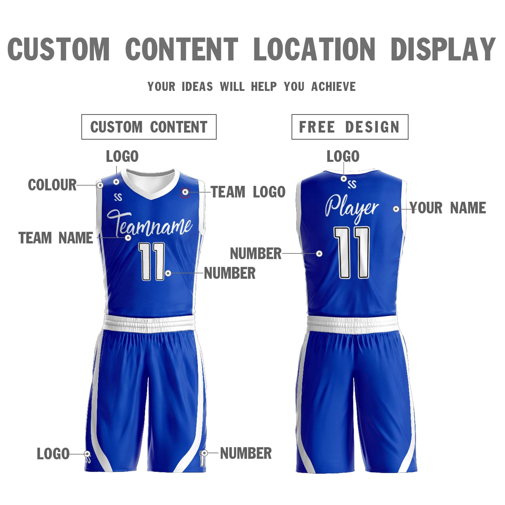Benutzerdefinierte Royal Weiß Doppel Seite Kits Design Sportswear Basketball Jersey