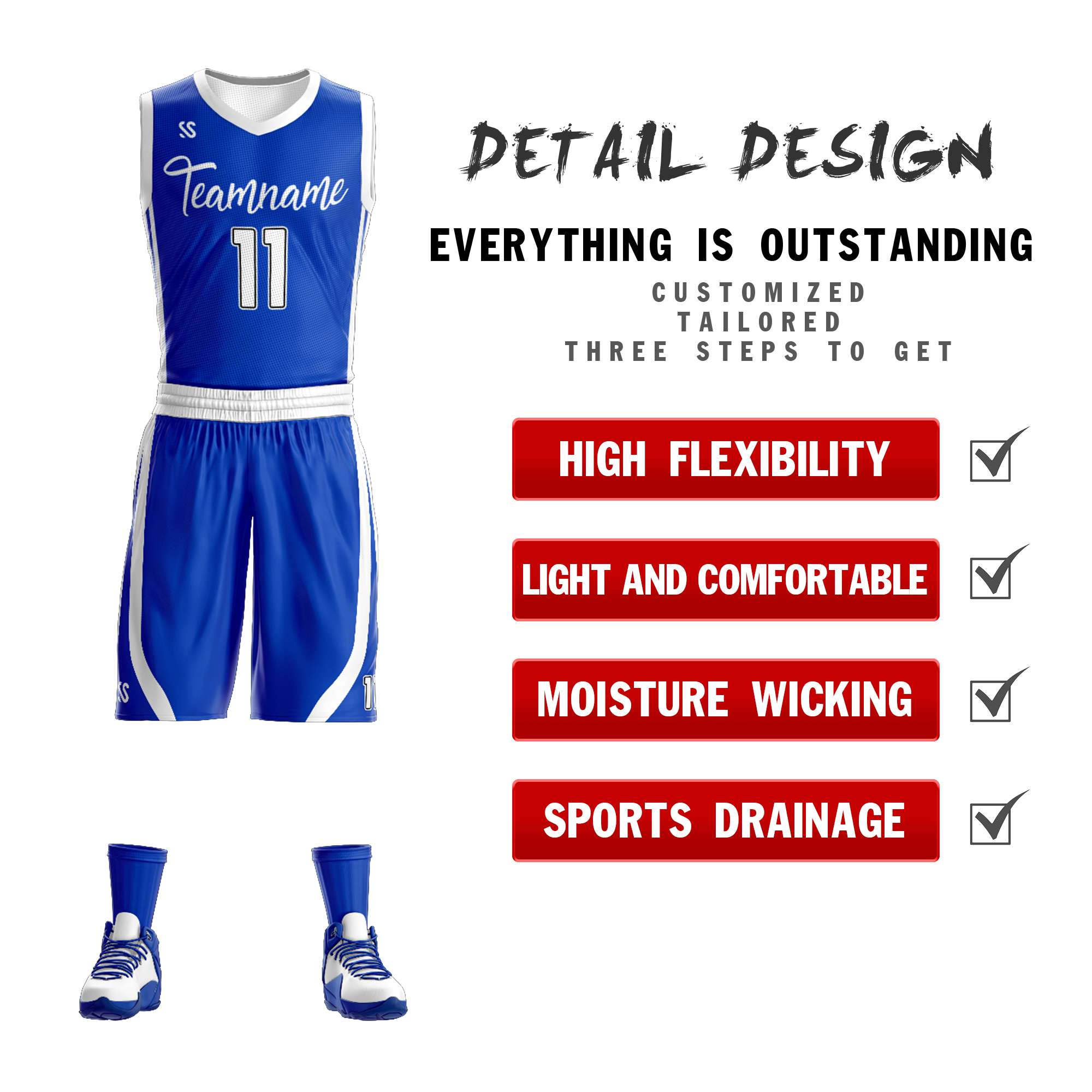 Benutzerdefinierte Royal Weiß Doppel Seite Kits Design Sportswear Basketball Jersey