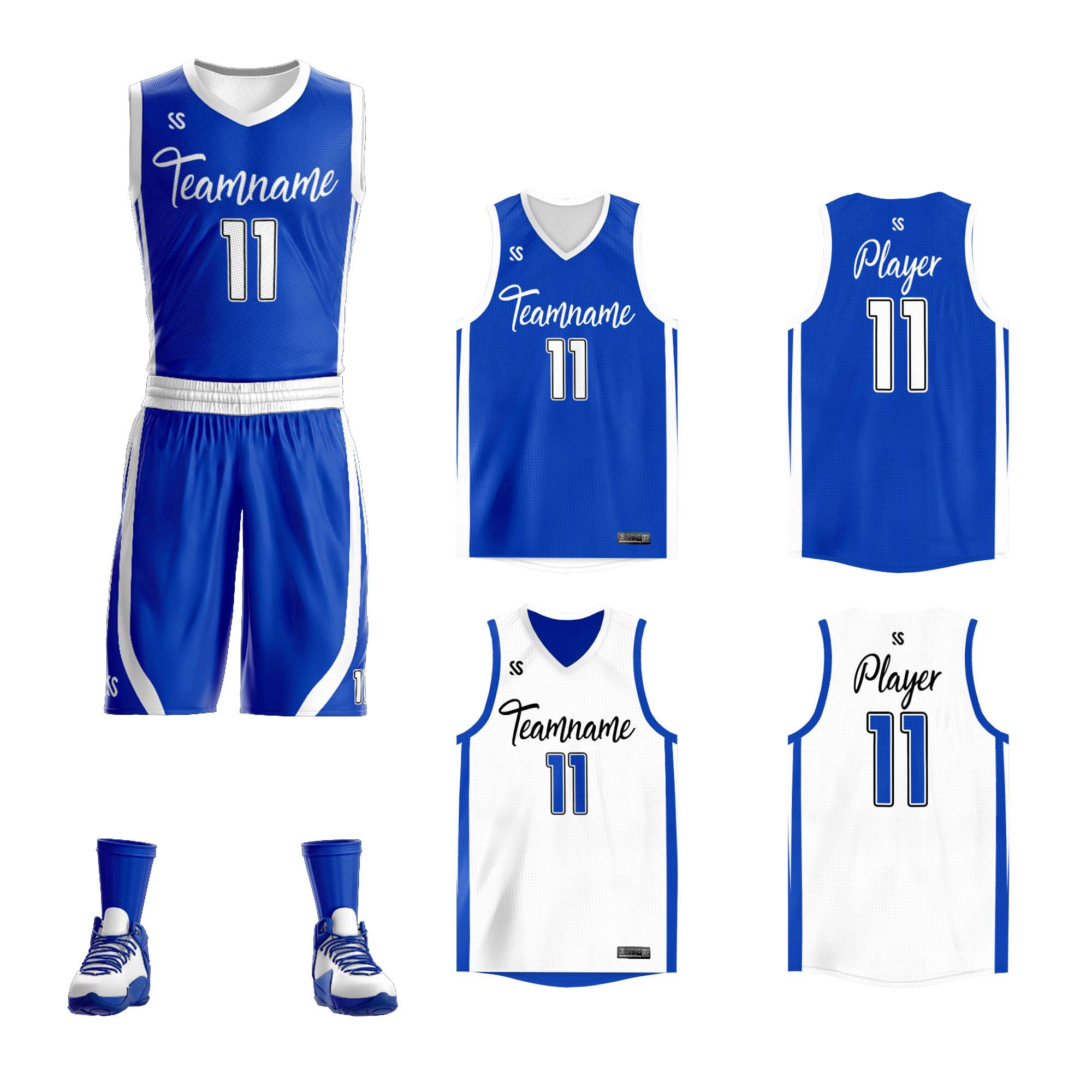 Benutzerdefinierte Royal Weiß Doppel Seite Kits Design Sportswear Basketball Jersey