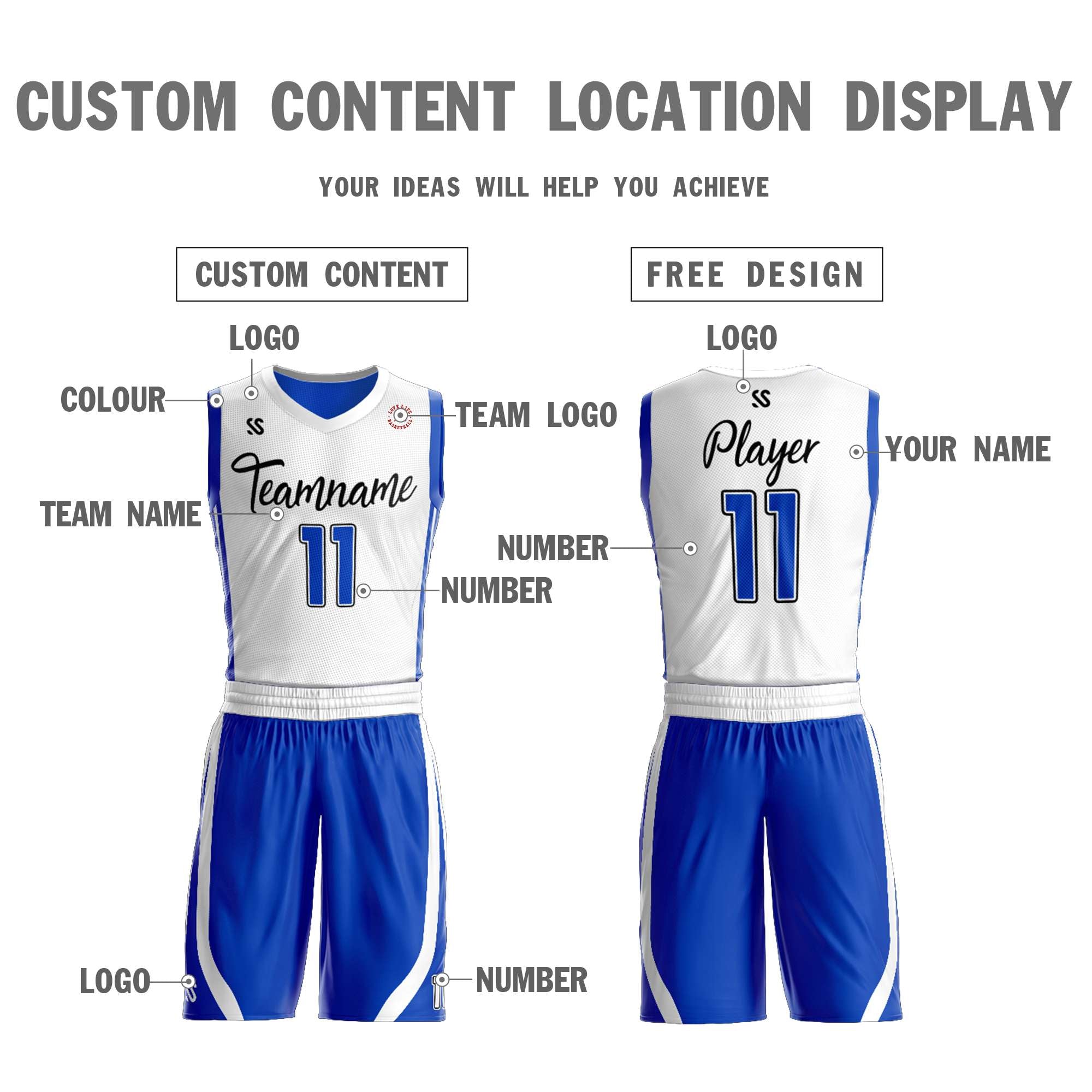 Benutzerdefinierte weiße königliche Doppelseiten-Kits Design Sportswear Basketball Jersey