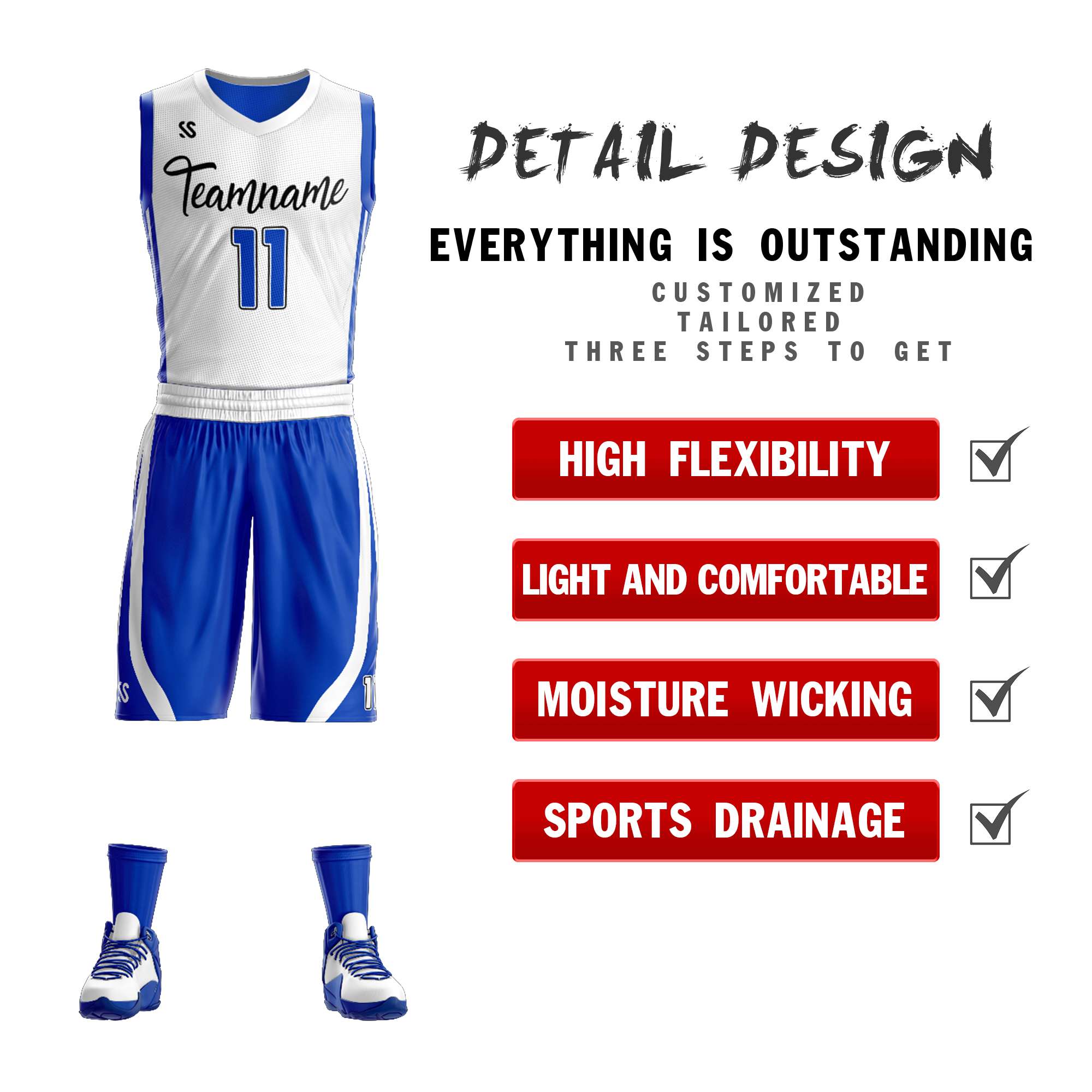 Benutzerdefinierte weiße königliche Doppelseiten-Kits Design Sportswear Basketball Jersey