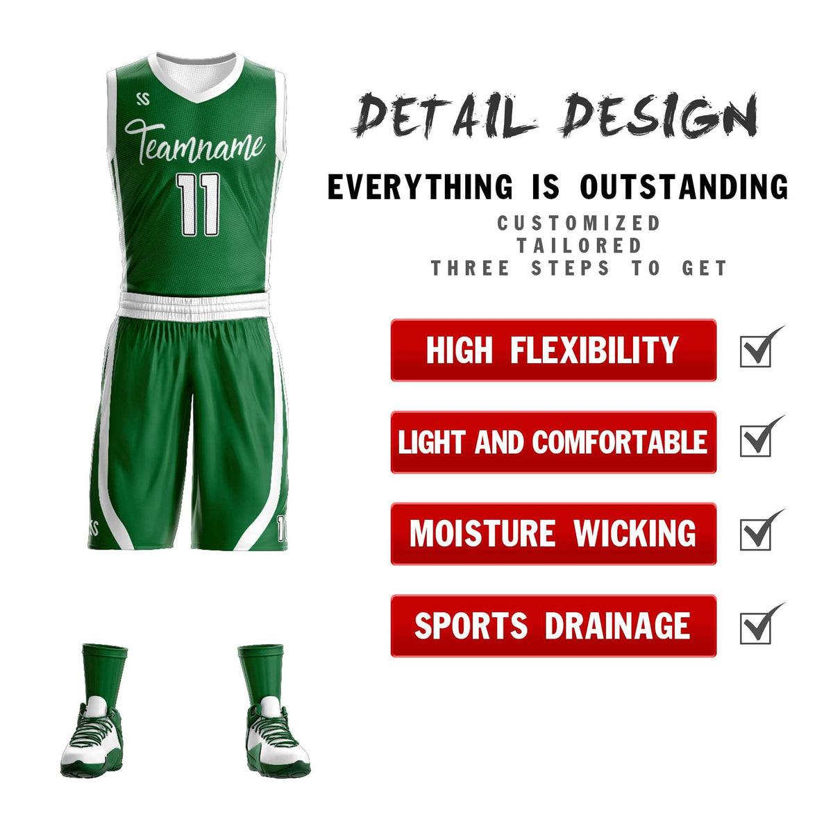 Custom Green White Double Side Kits Design Sportswear Basketball Jersey