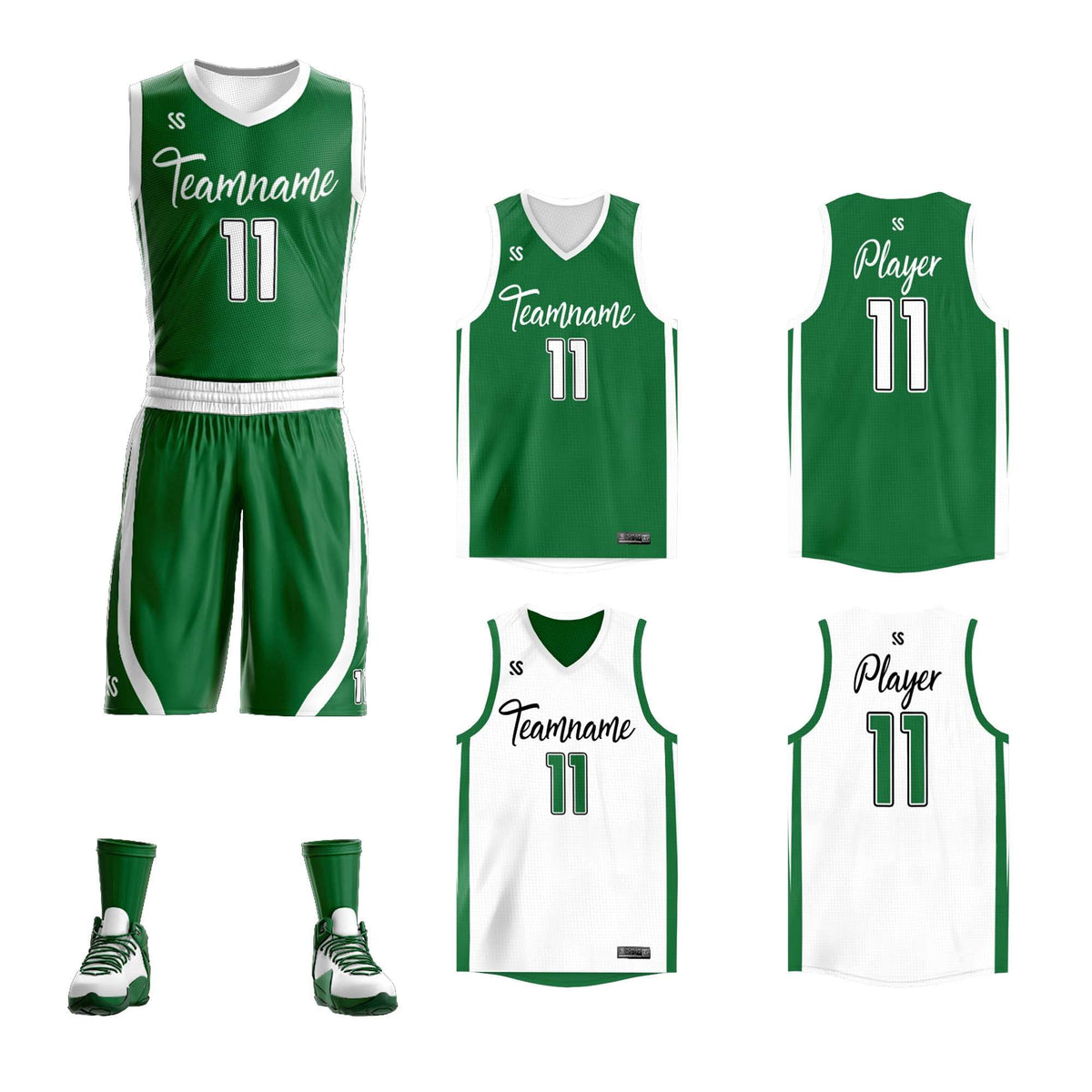 Custom Green White Double Side Kits Design Sportswear Basketball Jersey