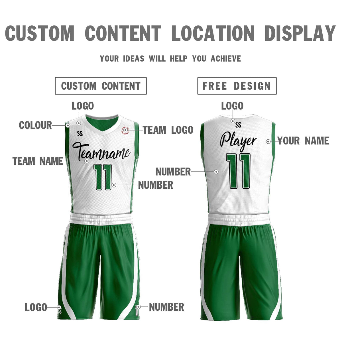 Custom White Green Double Side Kits Design Sportswear Basketball Jersey