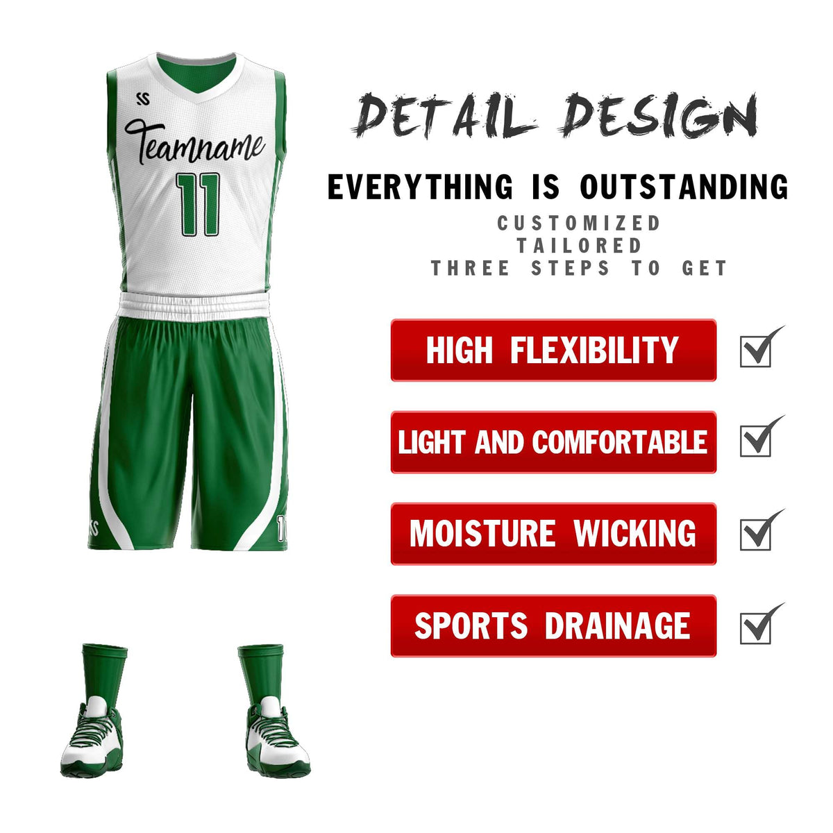 Custom White Green Double Side Kits Design Sportswear Basketball Jersey