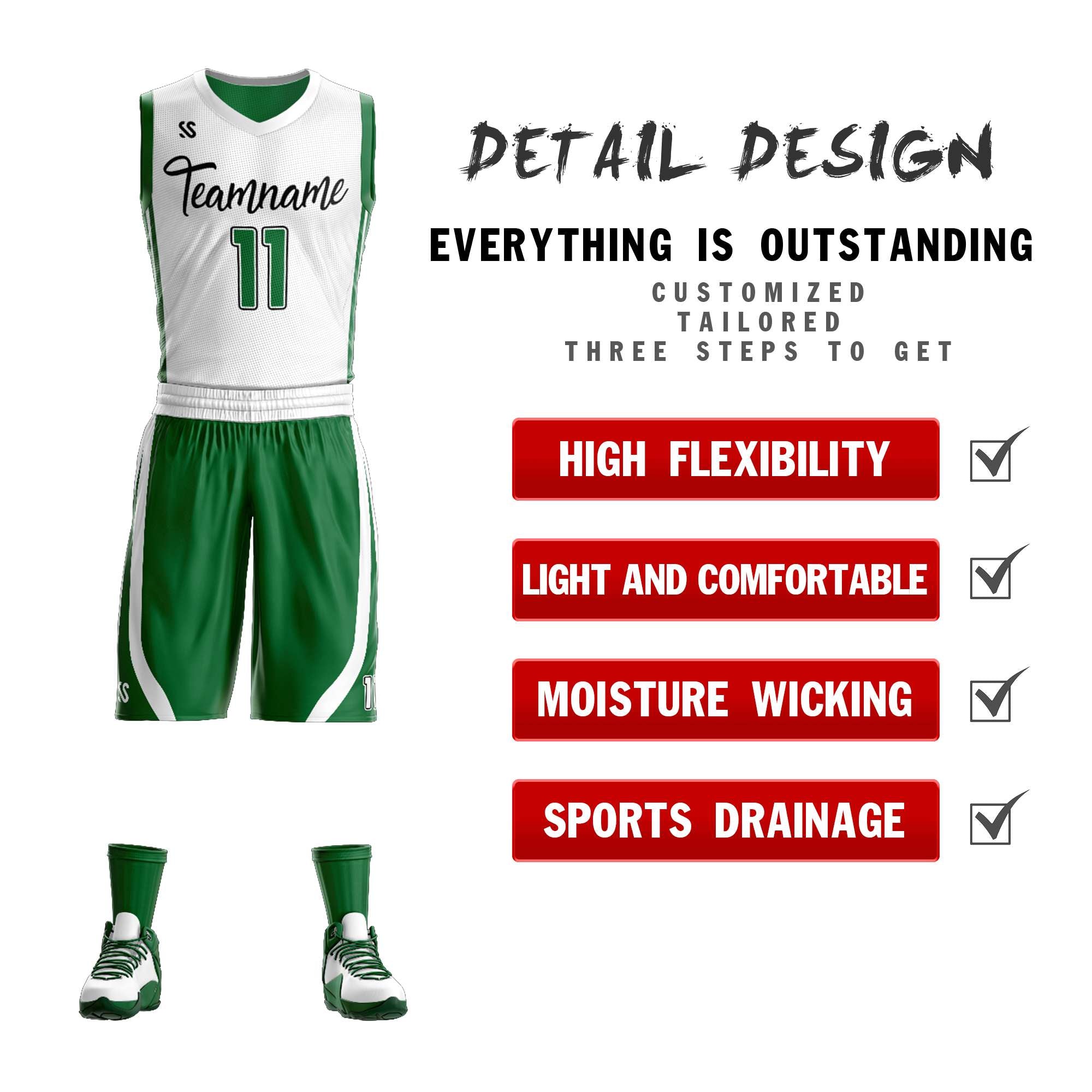 Benutzerdefinierte Weiß Grün Doppel Seite Kits Design Sportswear Basketball Jersey