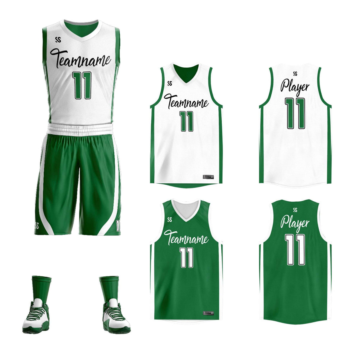 Custom White Green Double Side Kits Design Sportswear Basketball Jersey