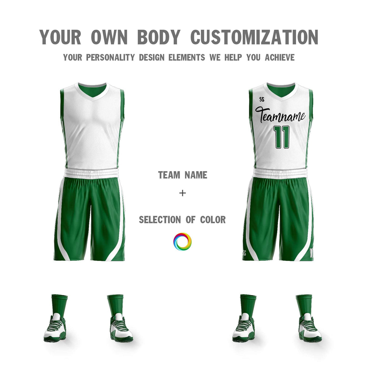 Custom White Green Double Side Kits Design Sportswear Basketball Jersey