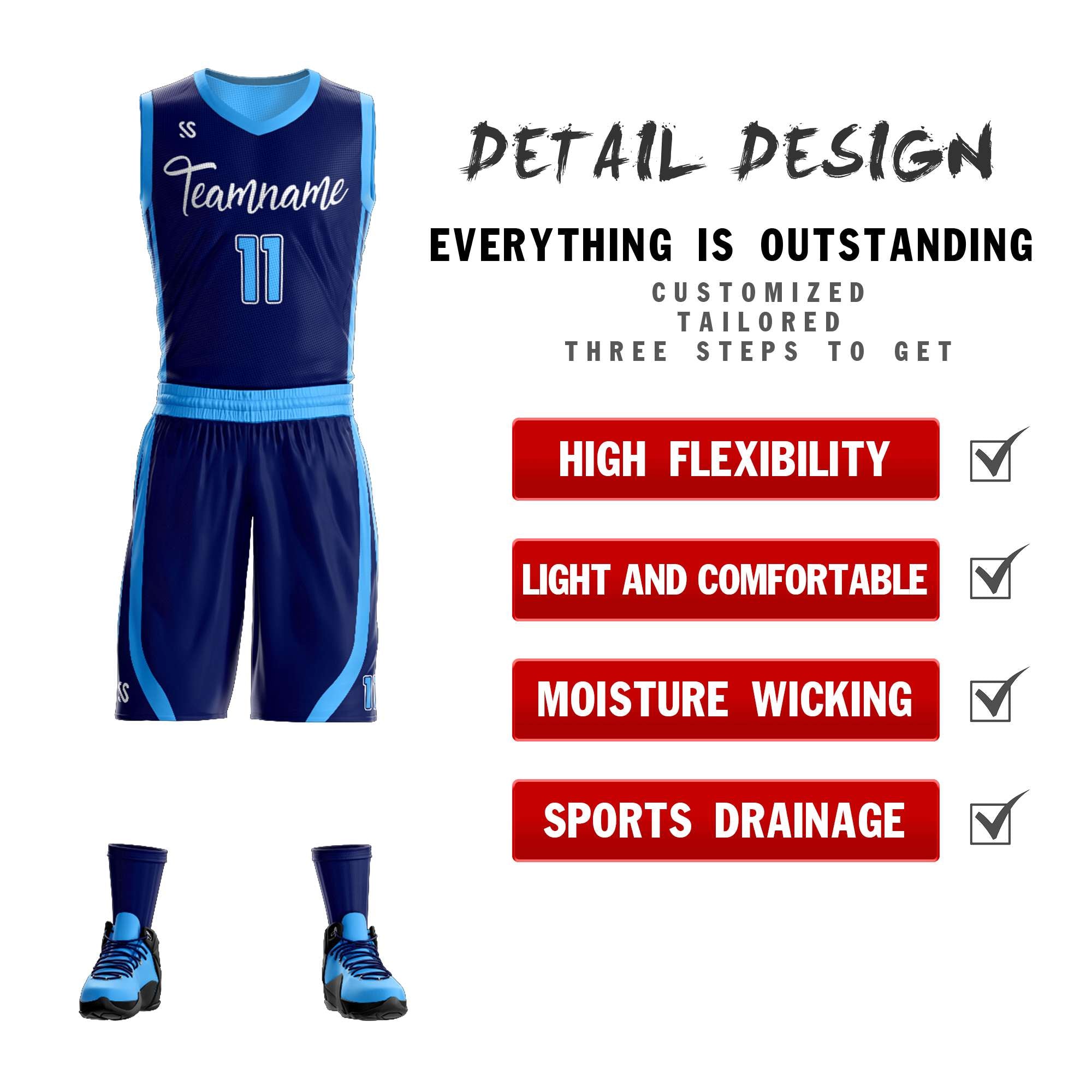 Benutzerdefinierte Navy Puderblau Doppelseitige Kits Design Sportswear Basketball Jersey