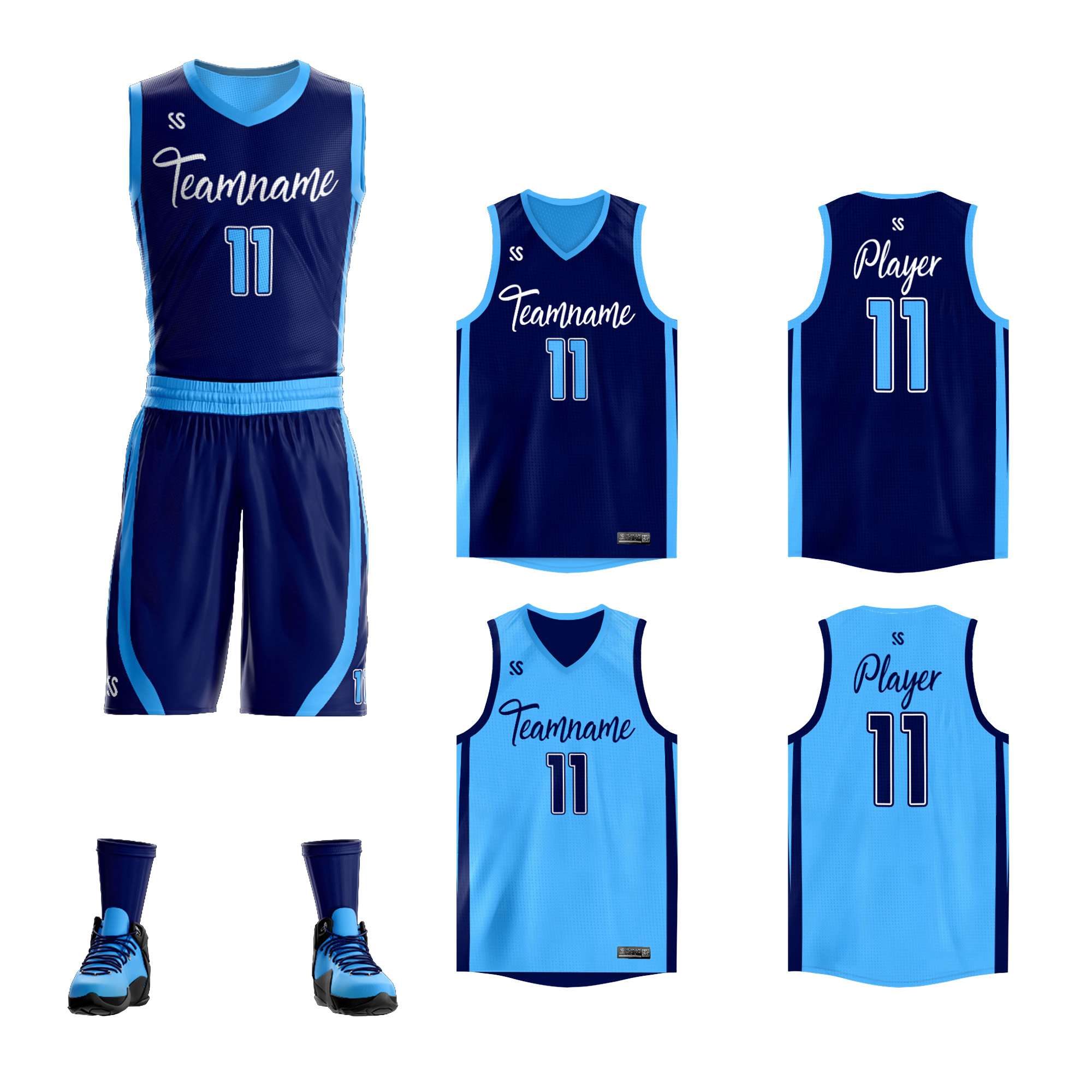 Benutzerdefinierte Navy Puderblau Doppelseitige Kits Design Sportswear Basketball Jersey