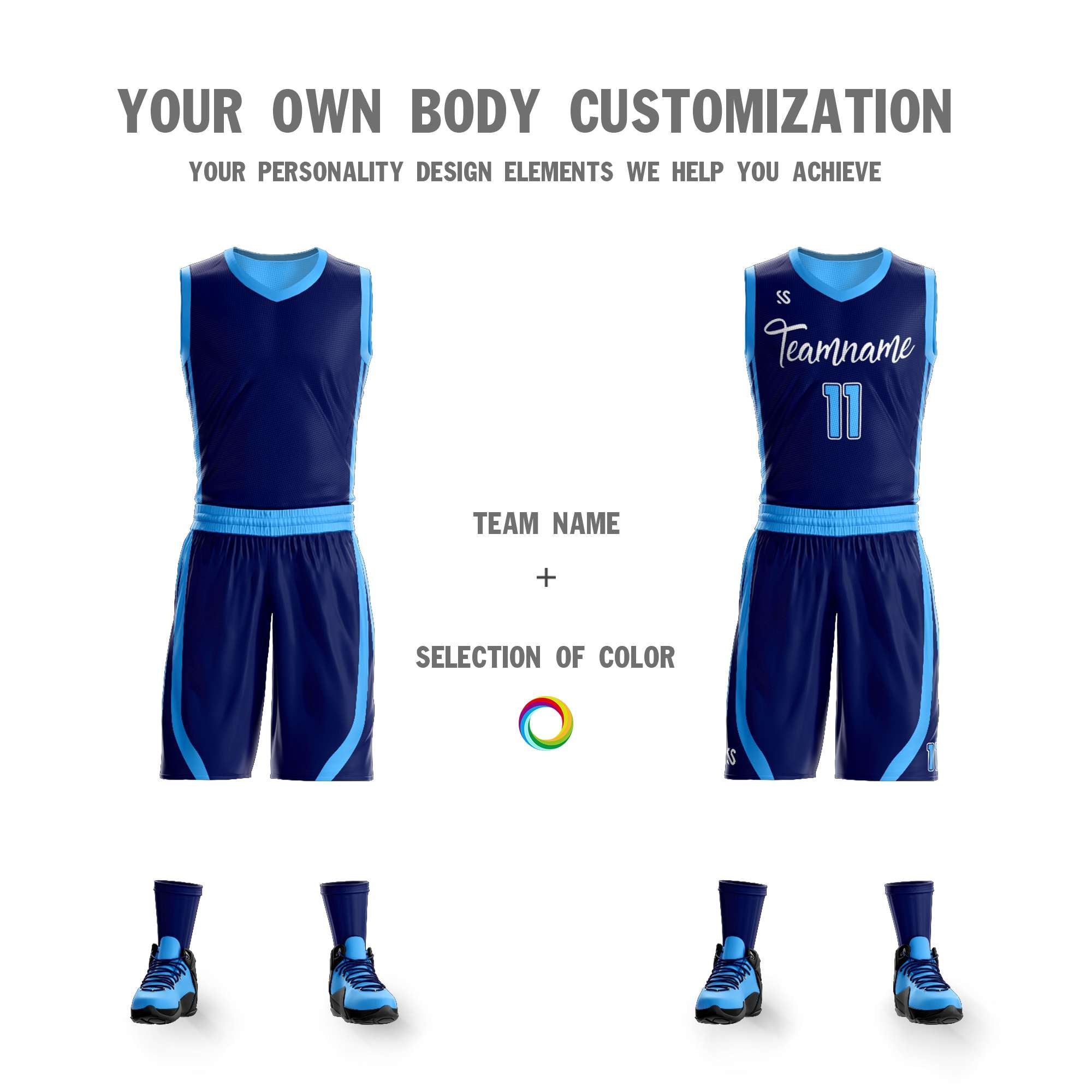 Benutzerdefinierte Navy Puderblau Doppelseitige Kits Design Sportswear Basketball Jersey