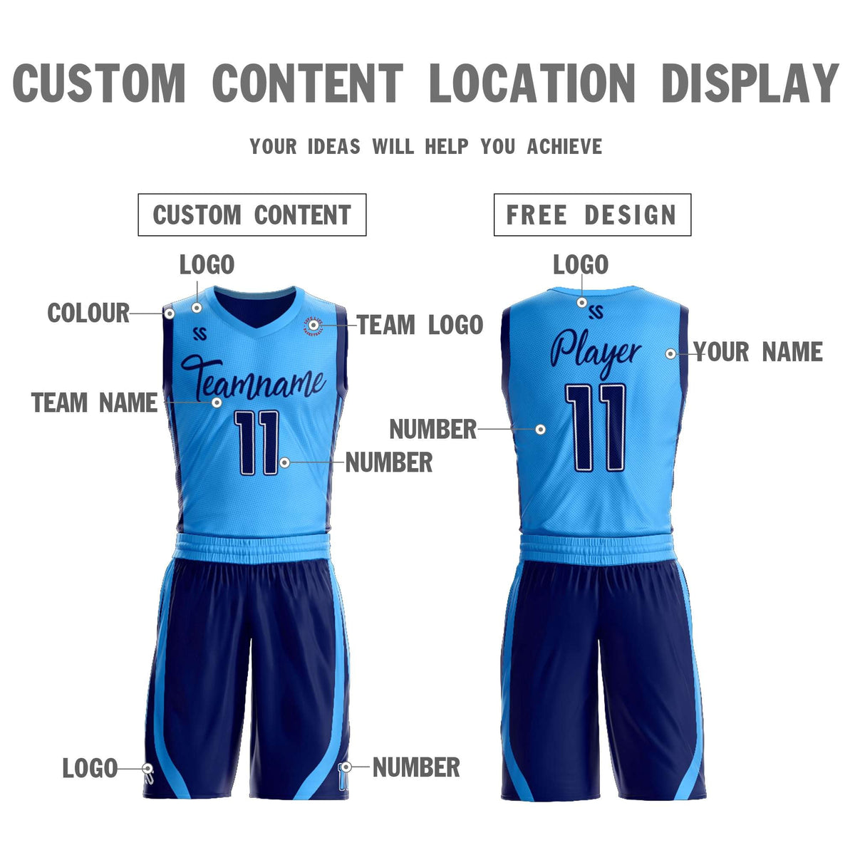 Custom Powder Blue Navy Double Side Kits Design Sportswear Basketball Jersey