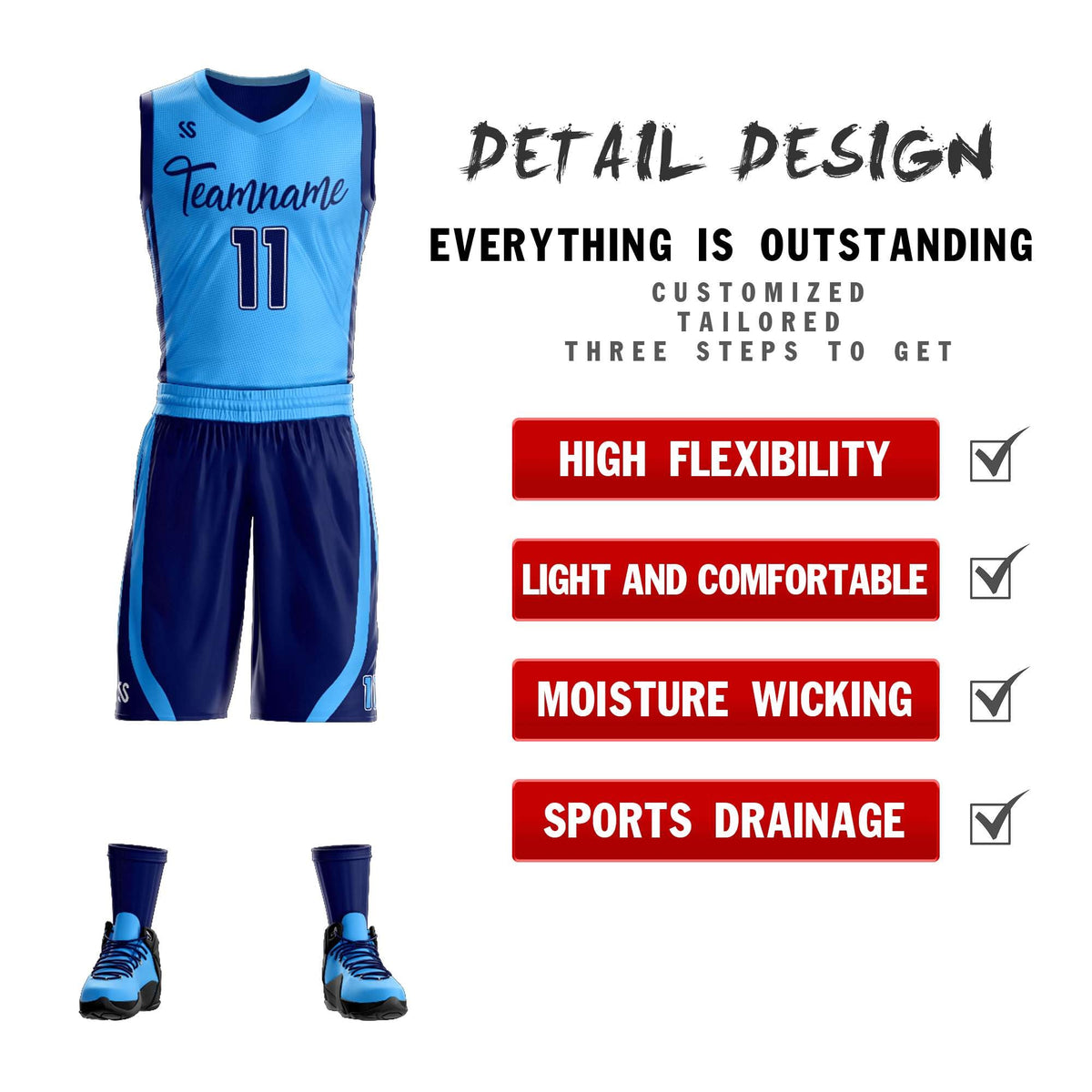 Custom Powder Blue Navy Double Side Kits Design Sportswear Basketball Jersey