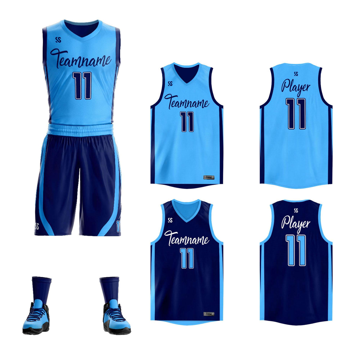 Custom Powder Blue Navy Double Side Kits Design Sportswear Basketball Jersey