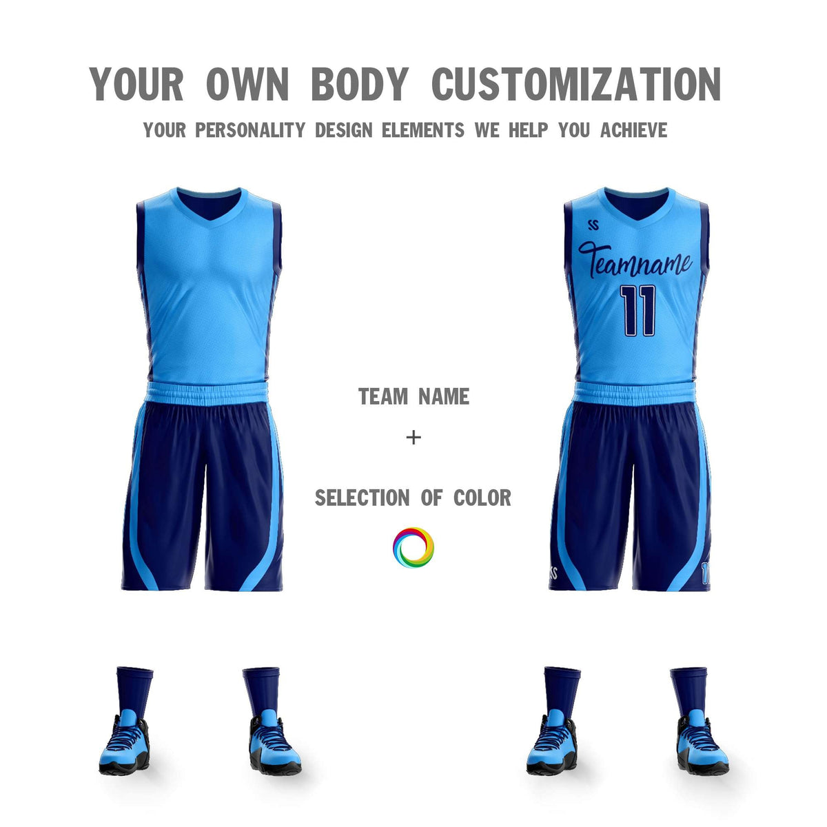 Custom Powder Blue Navy Double Side Kits Design Sportswear Basketball Jersey