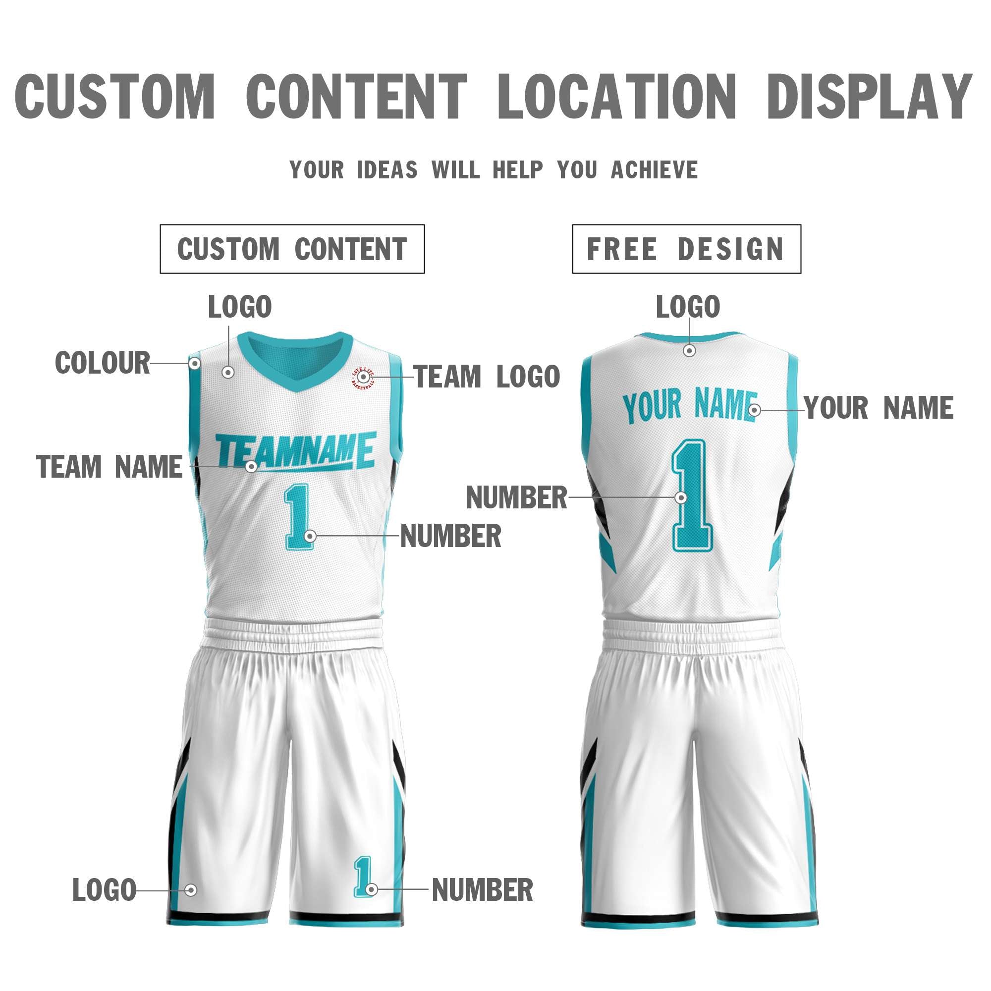 Maillot de basket-ball personnalisé blanc sarcelle double face