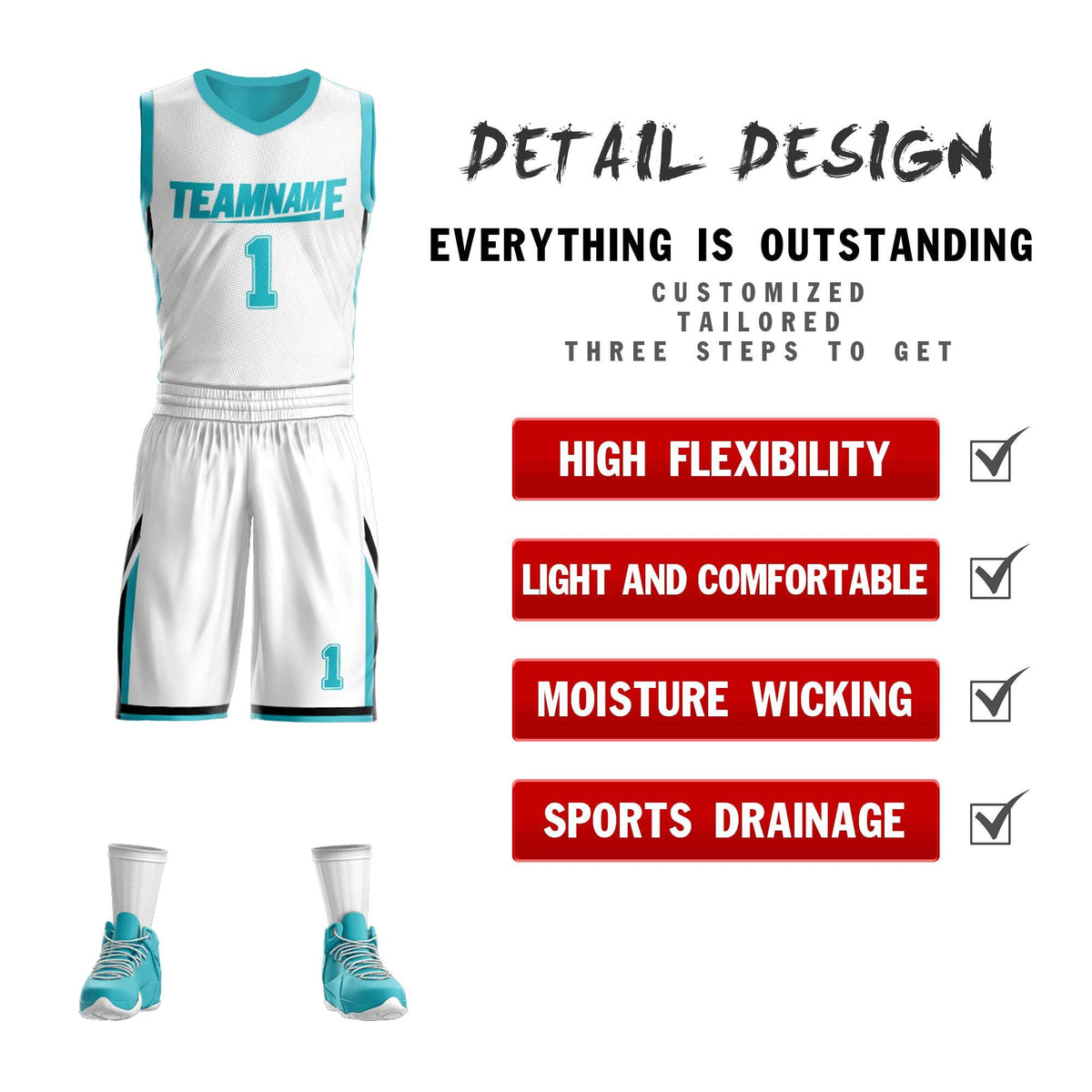 Custom White Teal Double Side Kits Design Sportswear Basketball Jersey