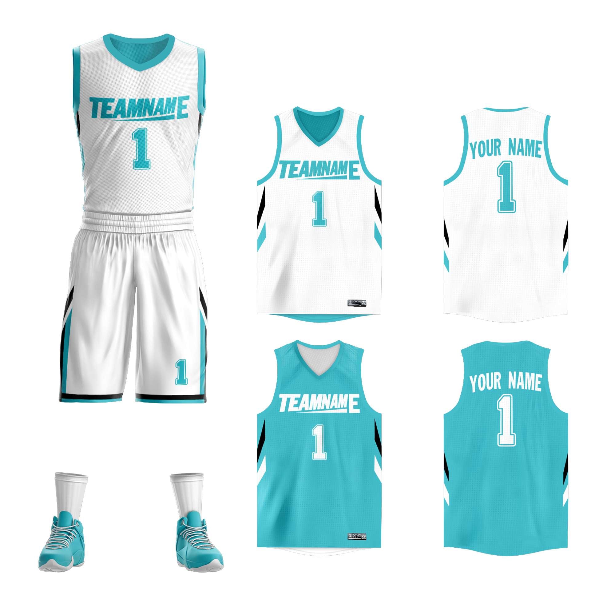 Maillot de basket-ball personnalisé blanc sarcelle double face