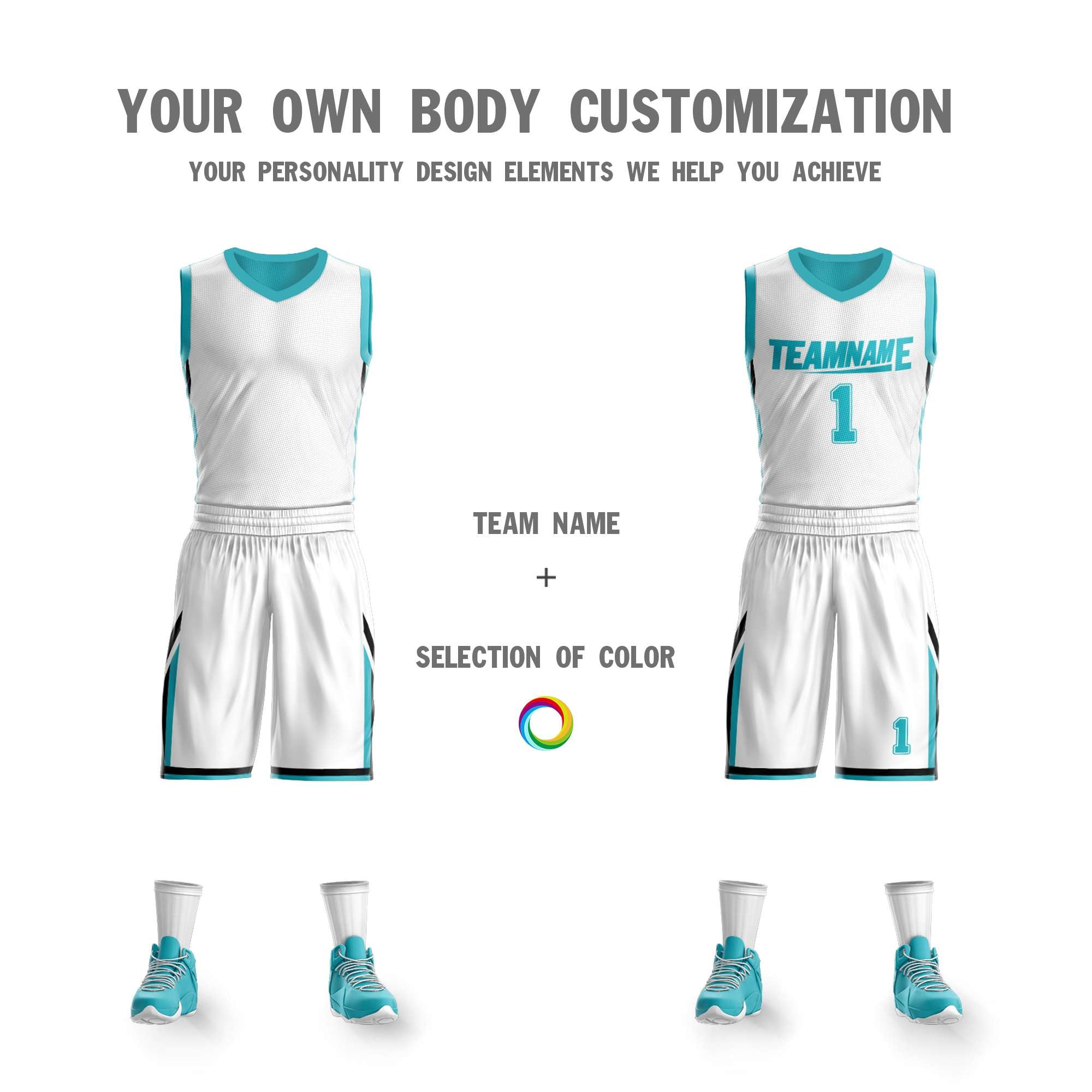 Maillot de basket-ball personnalisé blanc sarcelle double face