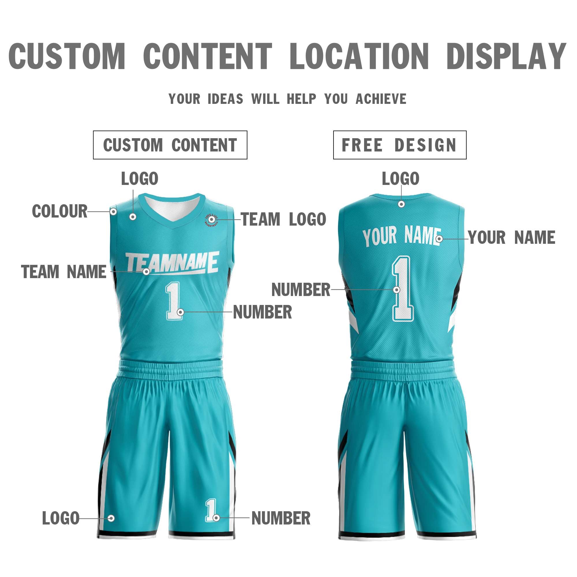 Maillot de basket-ball personnalisé blanc sarcelle double face