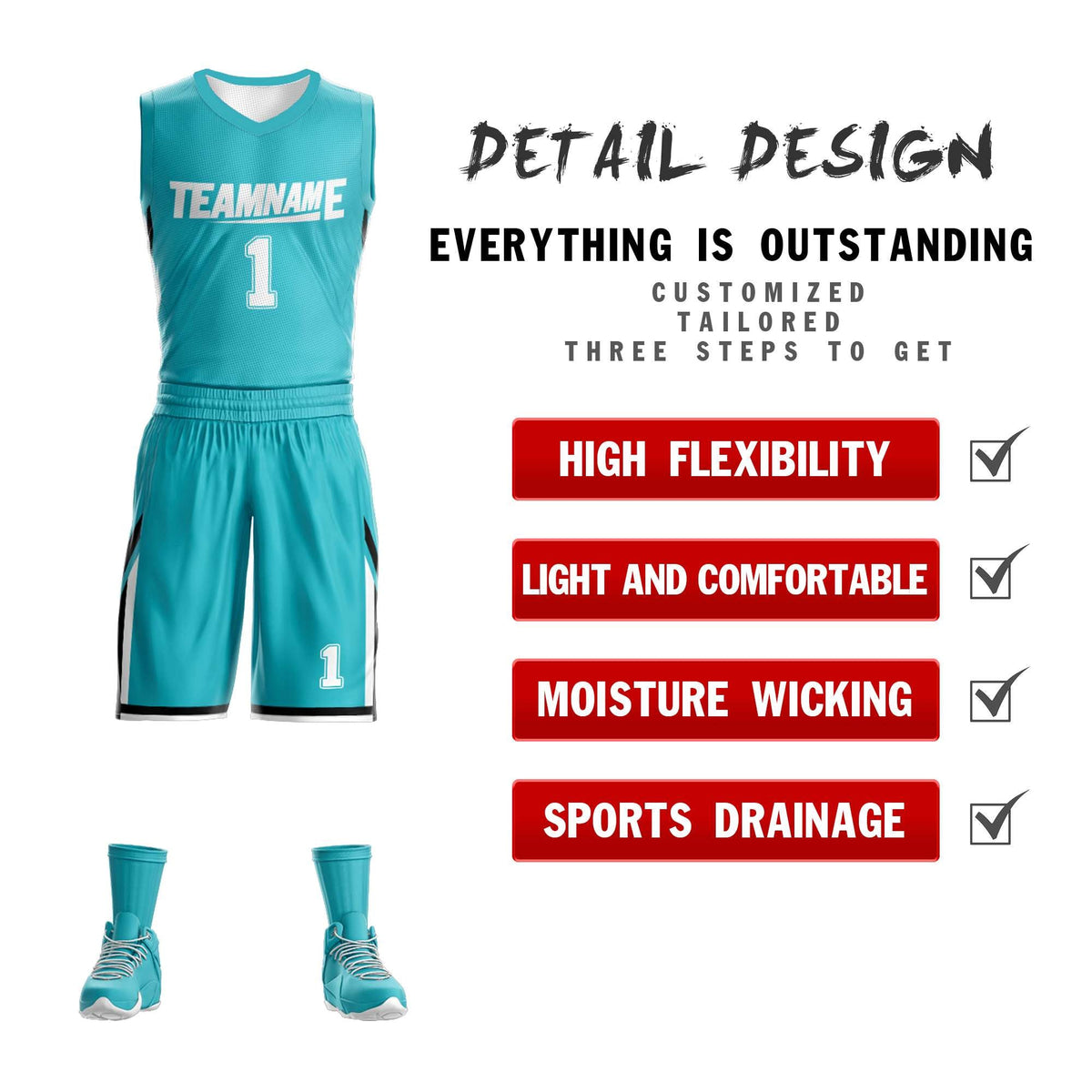 Custom Teal White Double Side Kits Design Sportswear Basketball Jersey