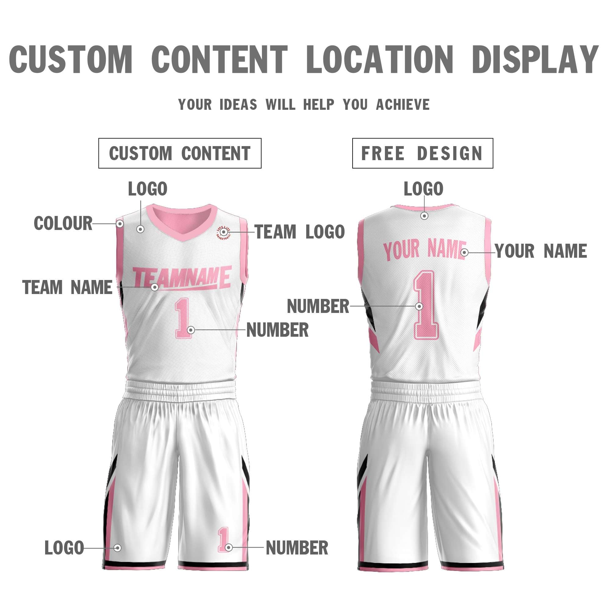 Maillot de basket-ball personnalisé blanc rose double face