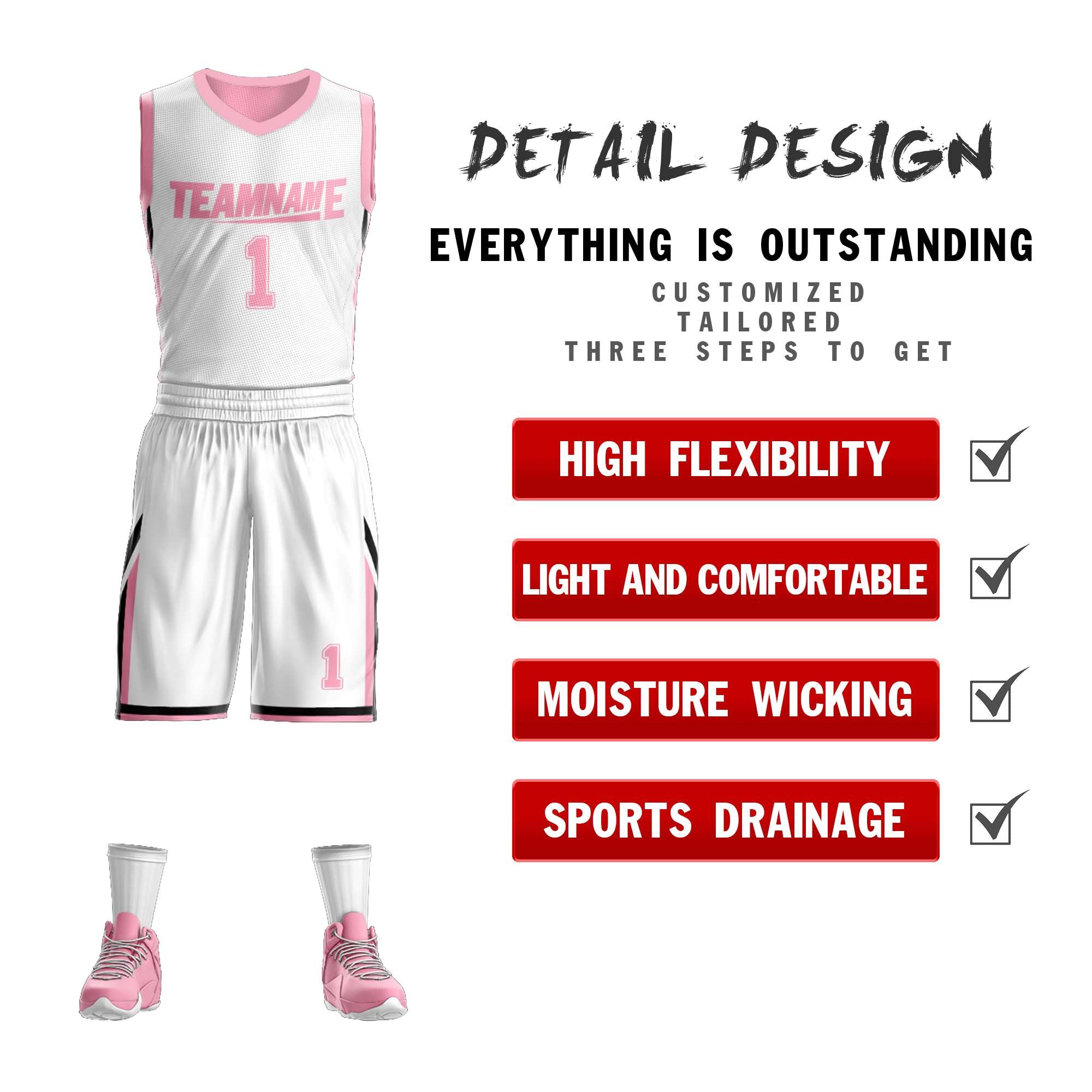 Maillot de basket-ball personnalisé blanc rose double face