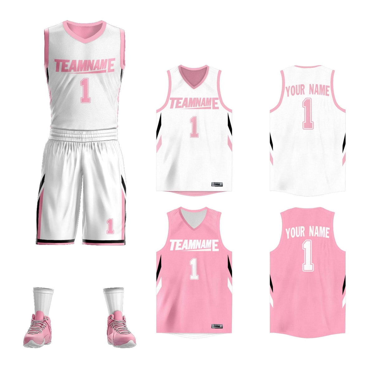 Custom White Pink Double Side Kits Design Sportswear Basketball Jersey