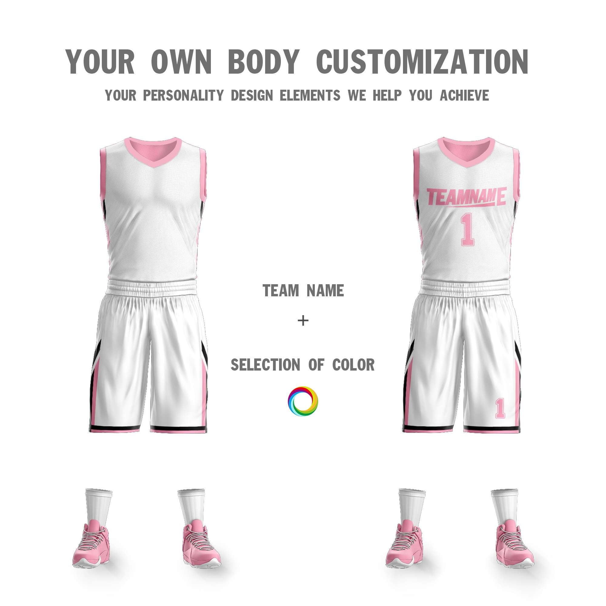 Maillot de basket-ball personnalisé blanc rose double face