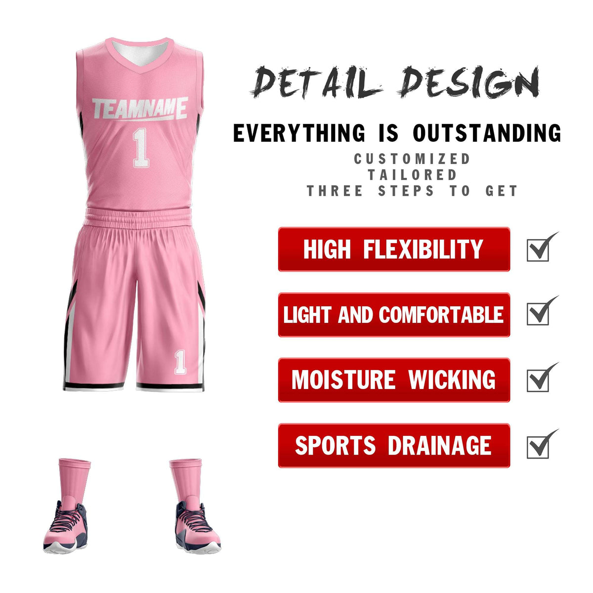 Custom Pink White Double Side Kits Design Sportswear Basketball Jersey
