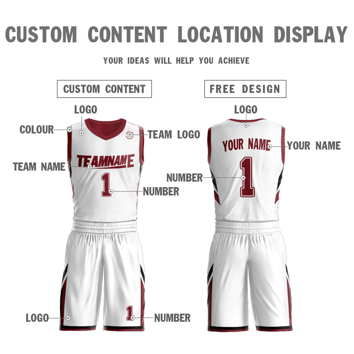 Custom White Red Double Side Kits Design Sportswear Basketball Jersey