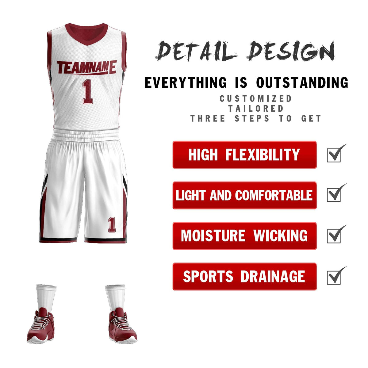 Custom White Red Double Side Kits Design Sportswear Basketball Jersey