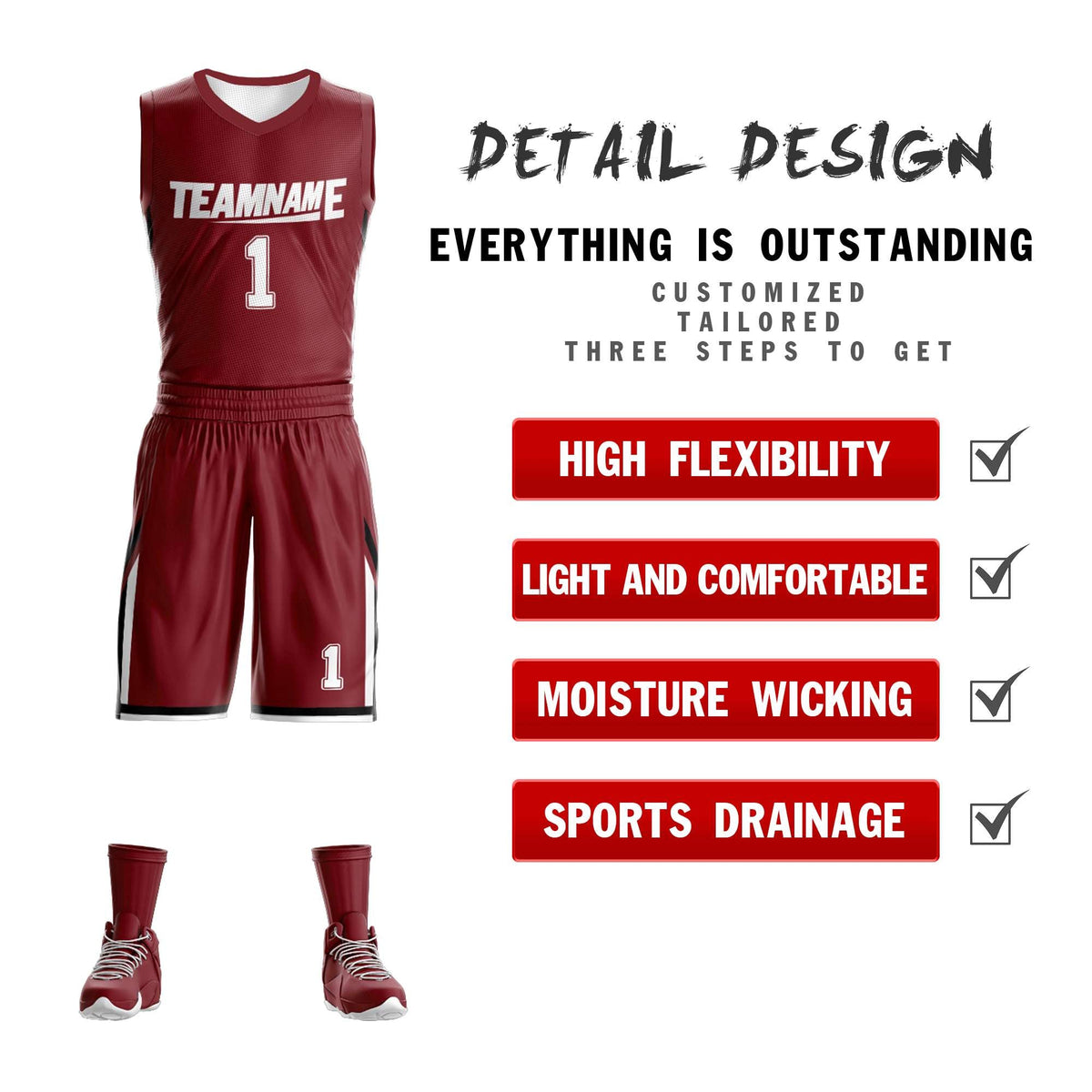 Custom Red White Double Side Kits Design Sportswear Basketball Jersey