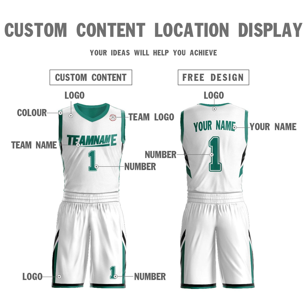Custom White Green Double Side Kits Design Sportswear Basketball Jersey