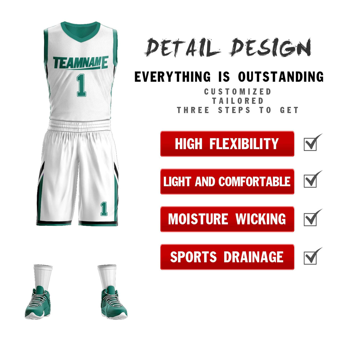 Custom White Green Double Side Kits Design Sportswear Basketball Jersey
