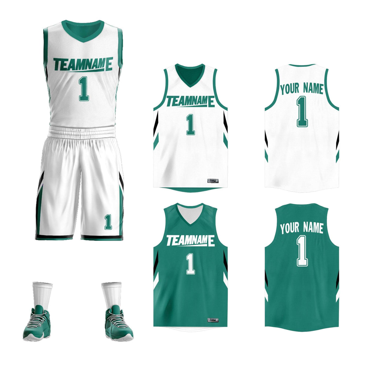 Custom White Green Double Side Kits Design Sportswear Basketball Jersey
