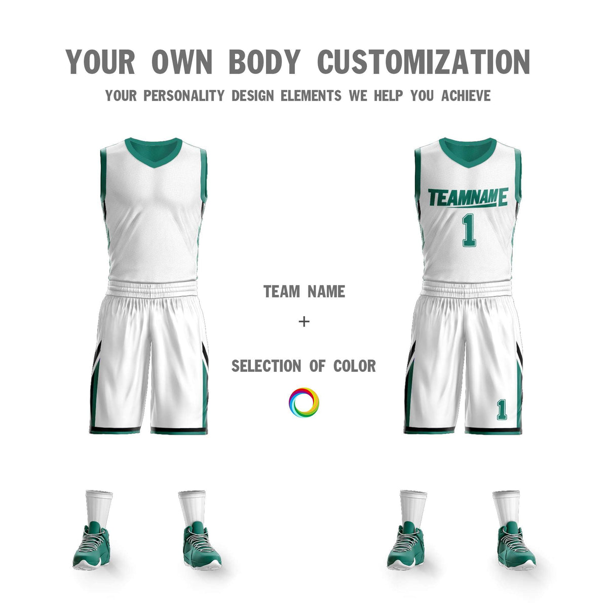 Custom White Green Double Side Kits Design Sportswear Basketball Jersey