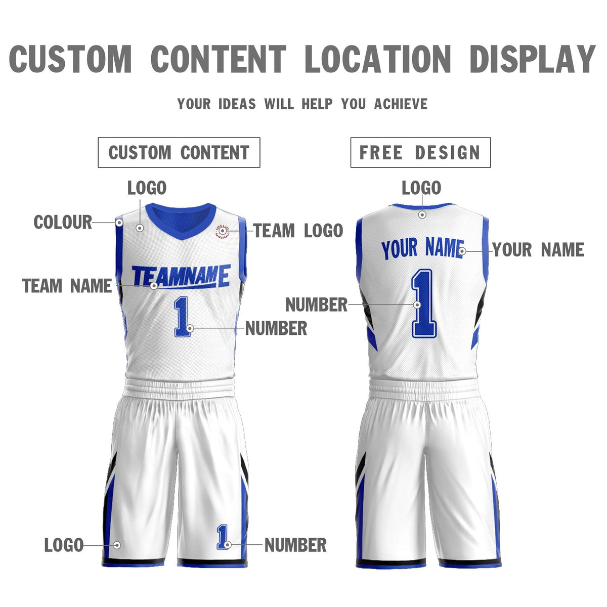 Custom White Royal Double Side Kits Design Sportswear Basketball Jersey