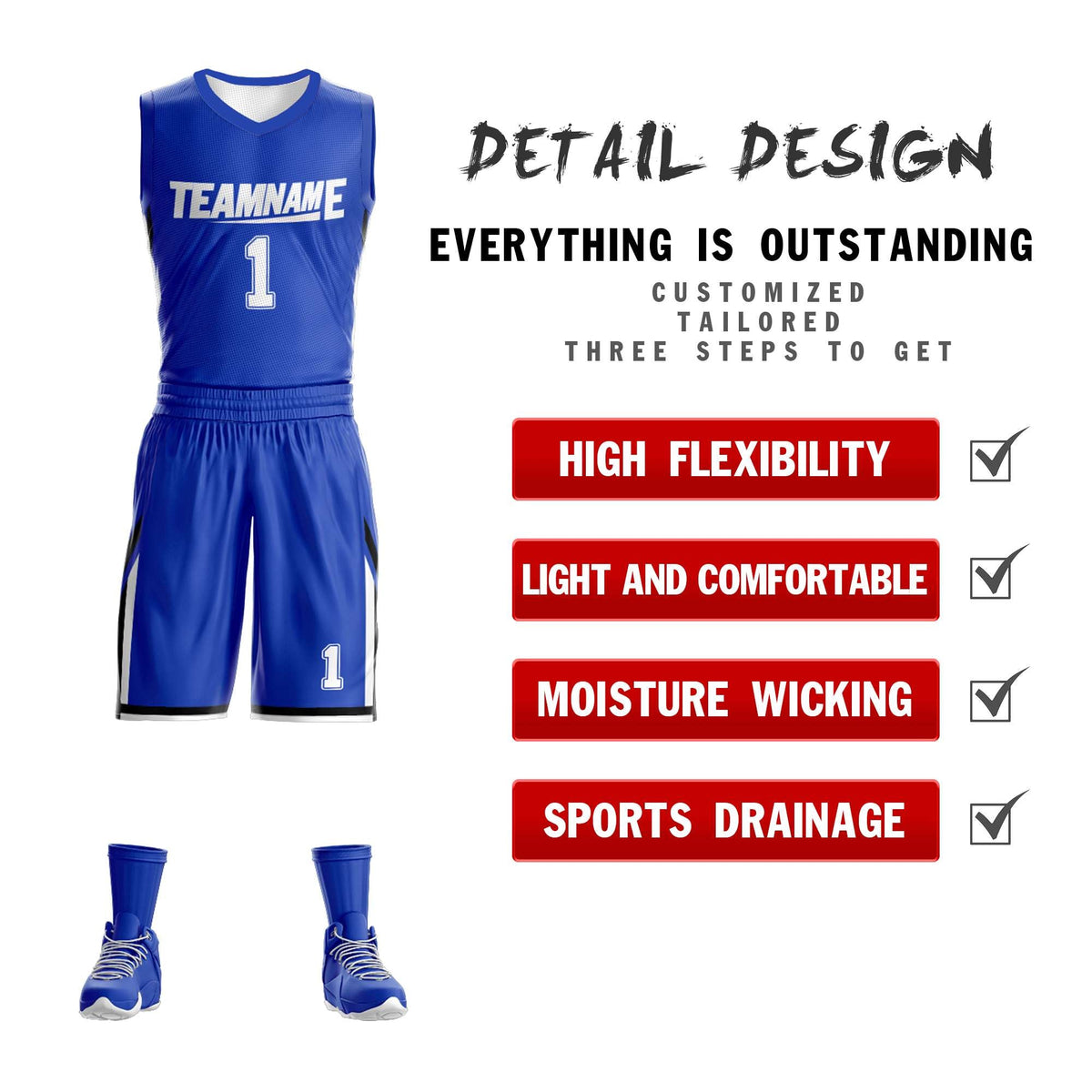 Custom Royal White Double Side Kits Design Sportswear Basketball Jersey