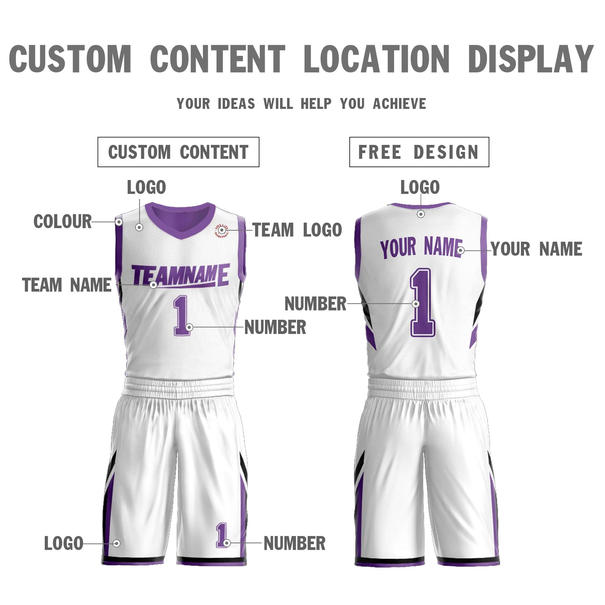 Maillot de basket-ball personnalisé blanc violet double face