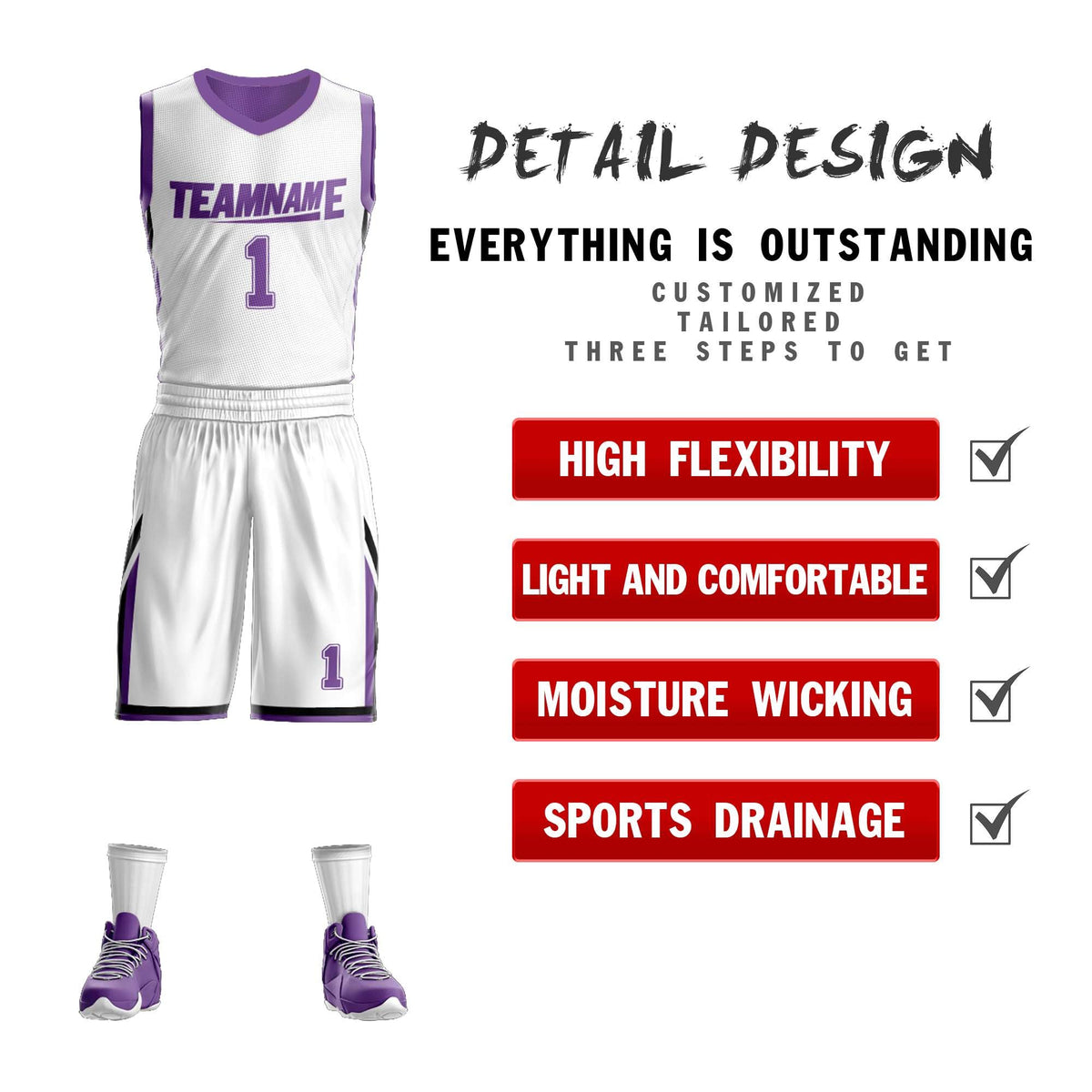 Custom White Purple Double Side Kits Design Sportswear Basketball Jersey