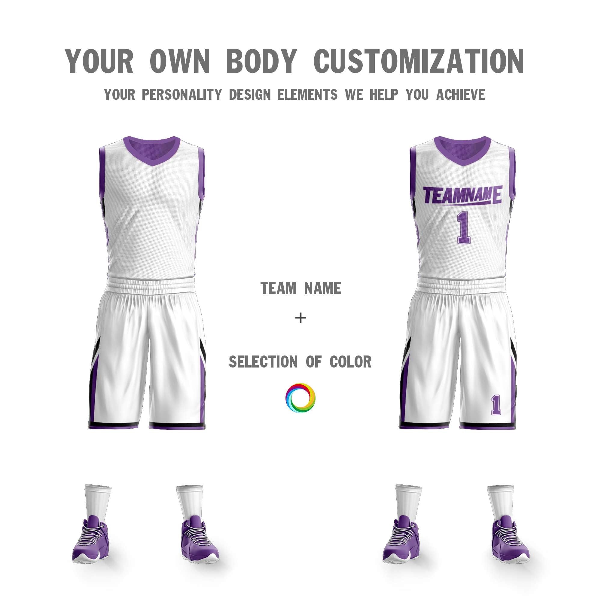 Maillot de basket-ball personnalisé blanc violet double face
