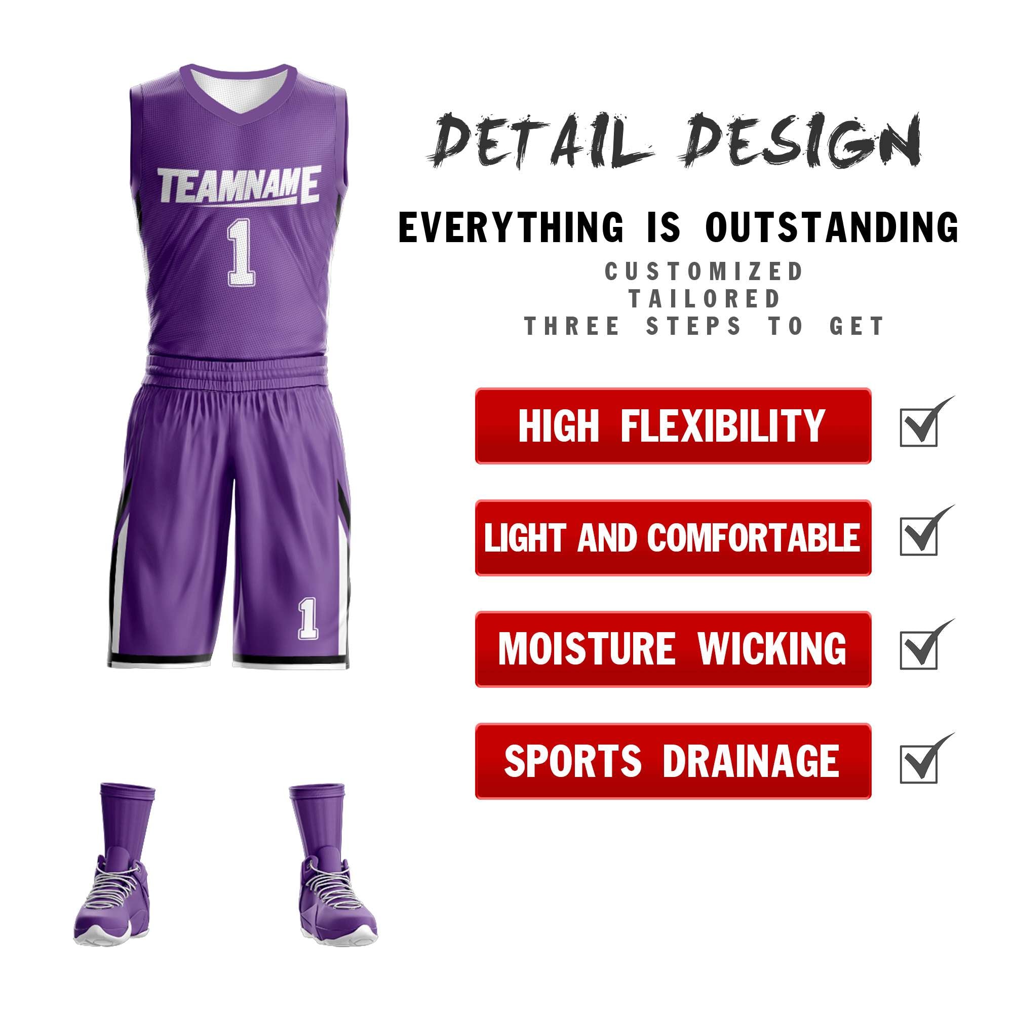 Benutzerdefinierte Lila Weiß Doppel Seite Kits Design Sportswear Basketball Jersey