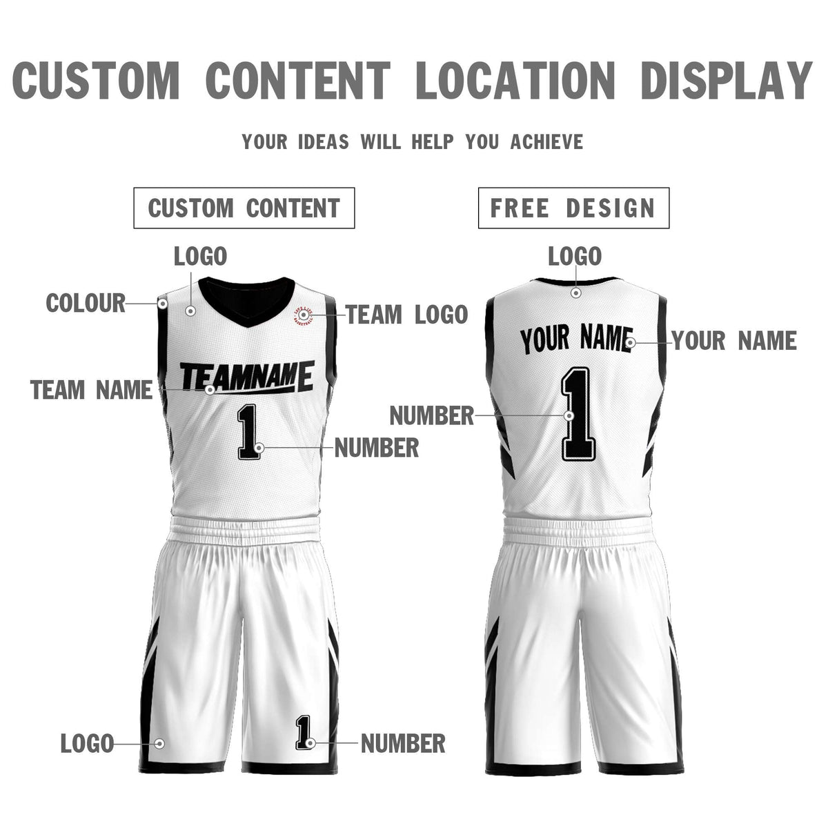 Custom White Black Double Side Kits Design Sportswear Basketball Jersey