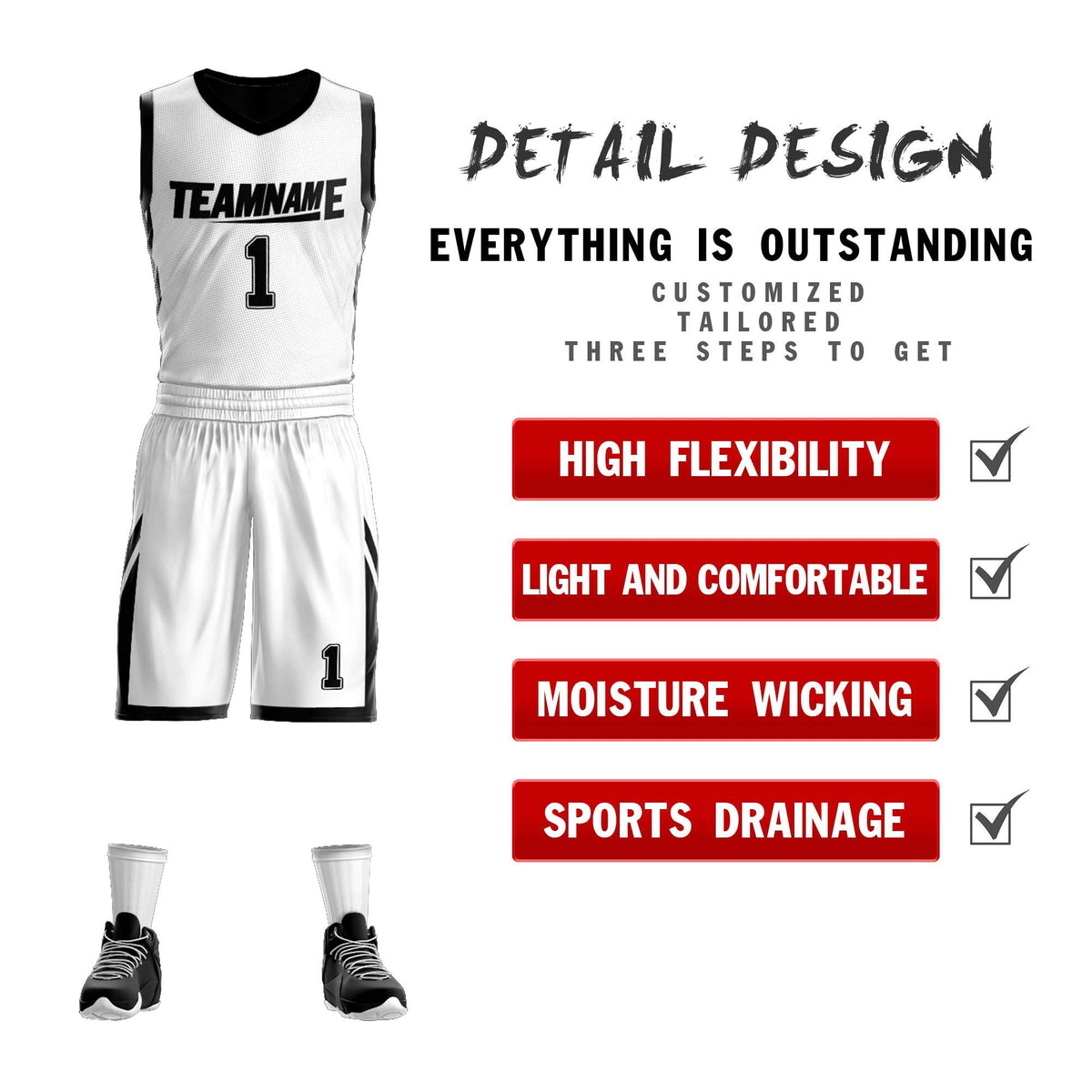 Custom White Black Double Side Kits Design Sportswear Basketball Jersey