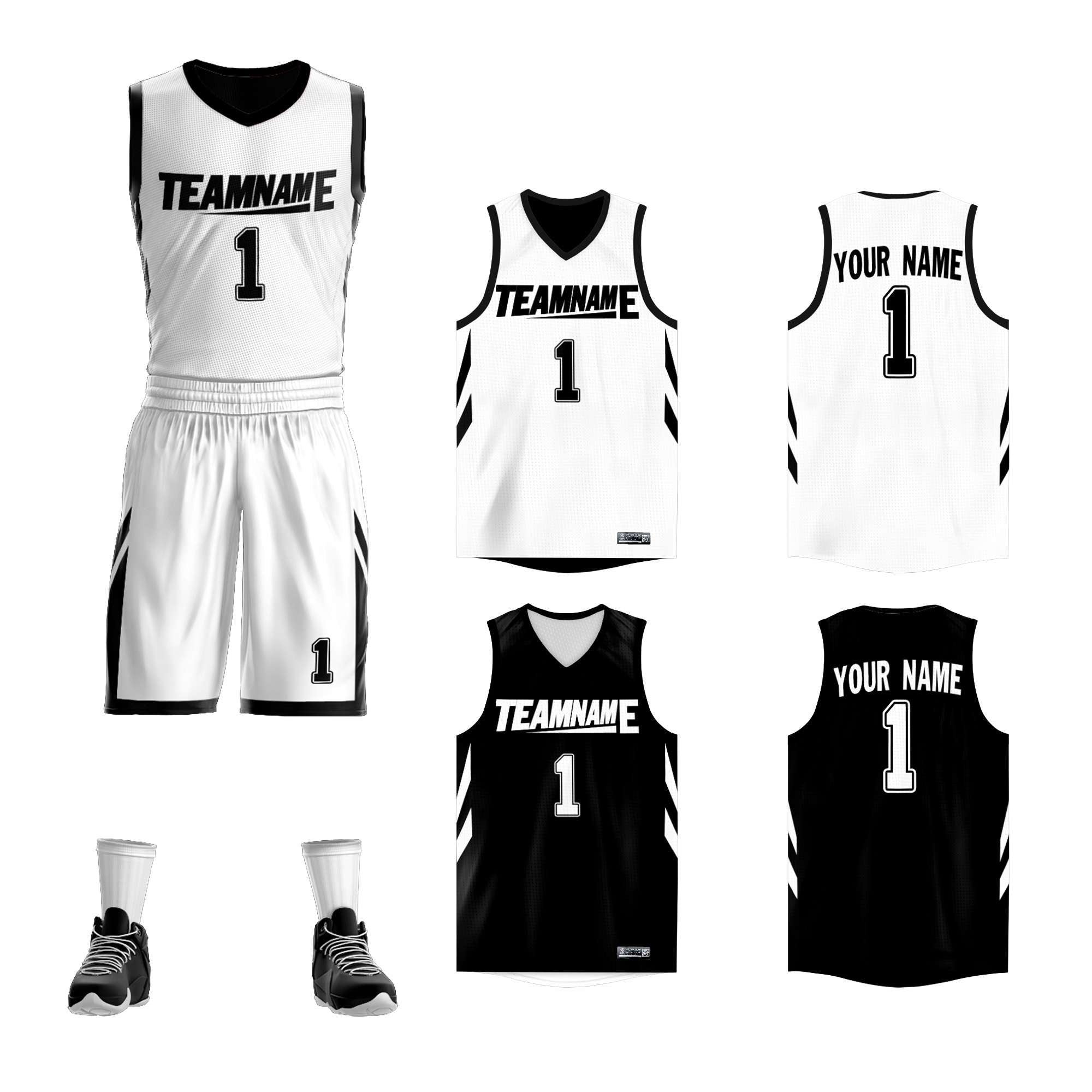 Benutzerdefinierte weiß schwarz doppelseitige Kits Design Sportswear Basketball Jersey