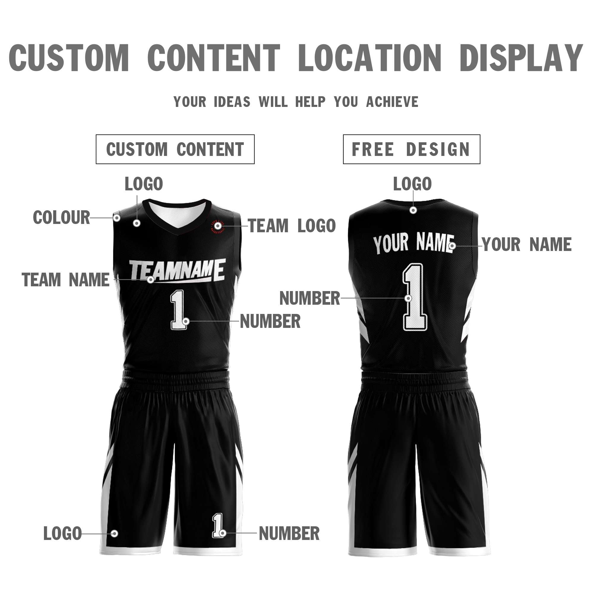 Maillot de basket-ball personnalisé noir et blanc à double face