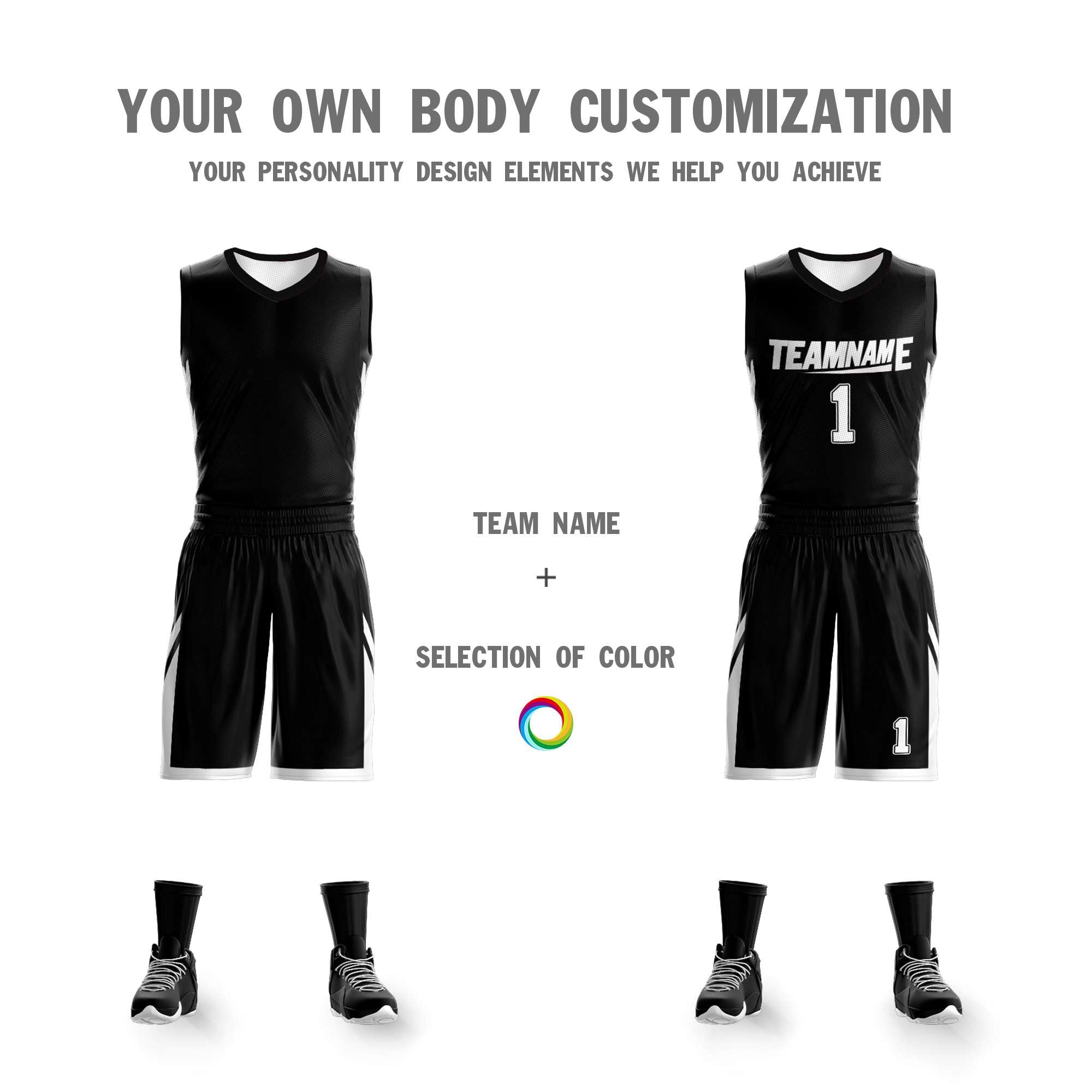 Maillot de basket-ball personnalisé noir et blanc à double face