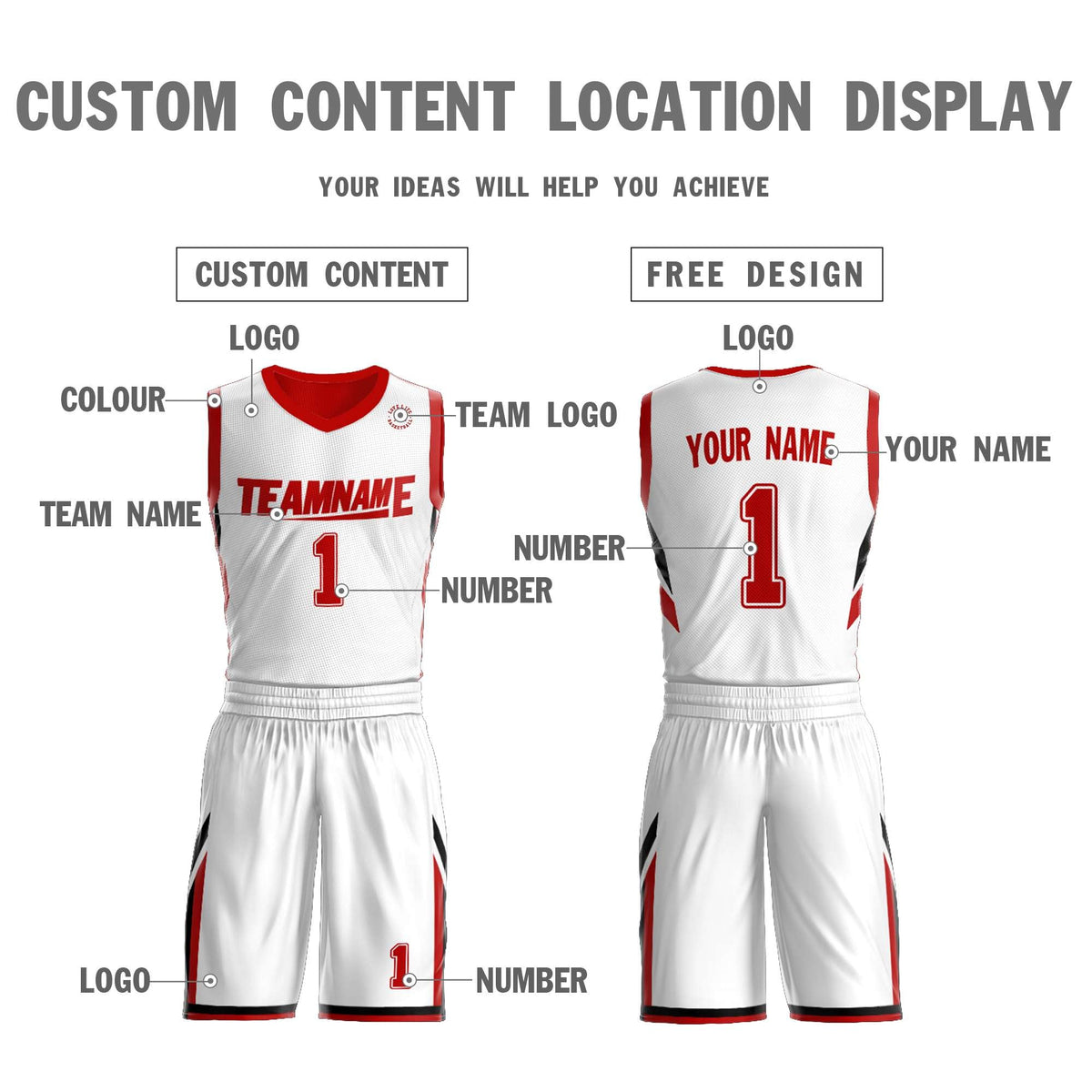 Custom White Red Double Side Kits Design Sportswear Basketball Jersey